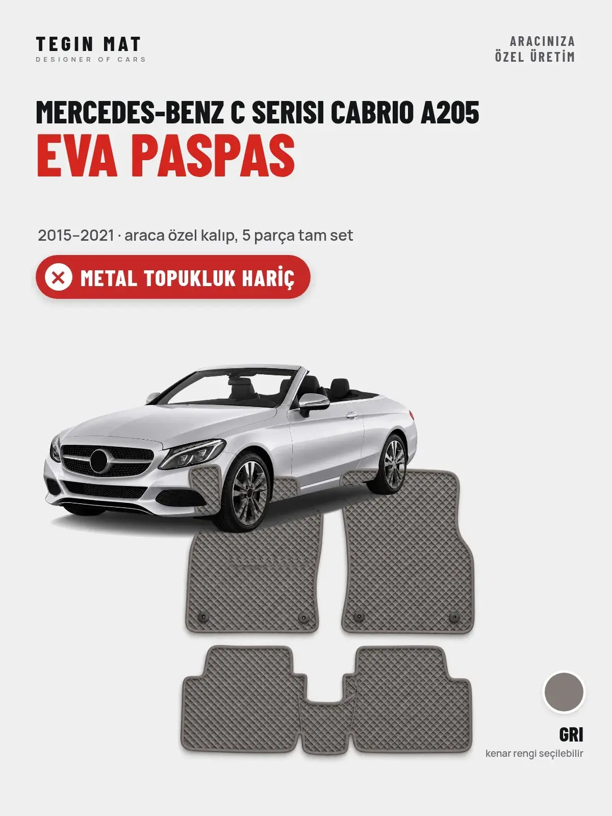 Mercedes-Benz C Serisi Cabrio A205 EVA Oto Paspas Tam Set (2015–2021) Gri – Metal Topukluk Hariç (1)