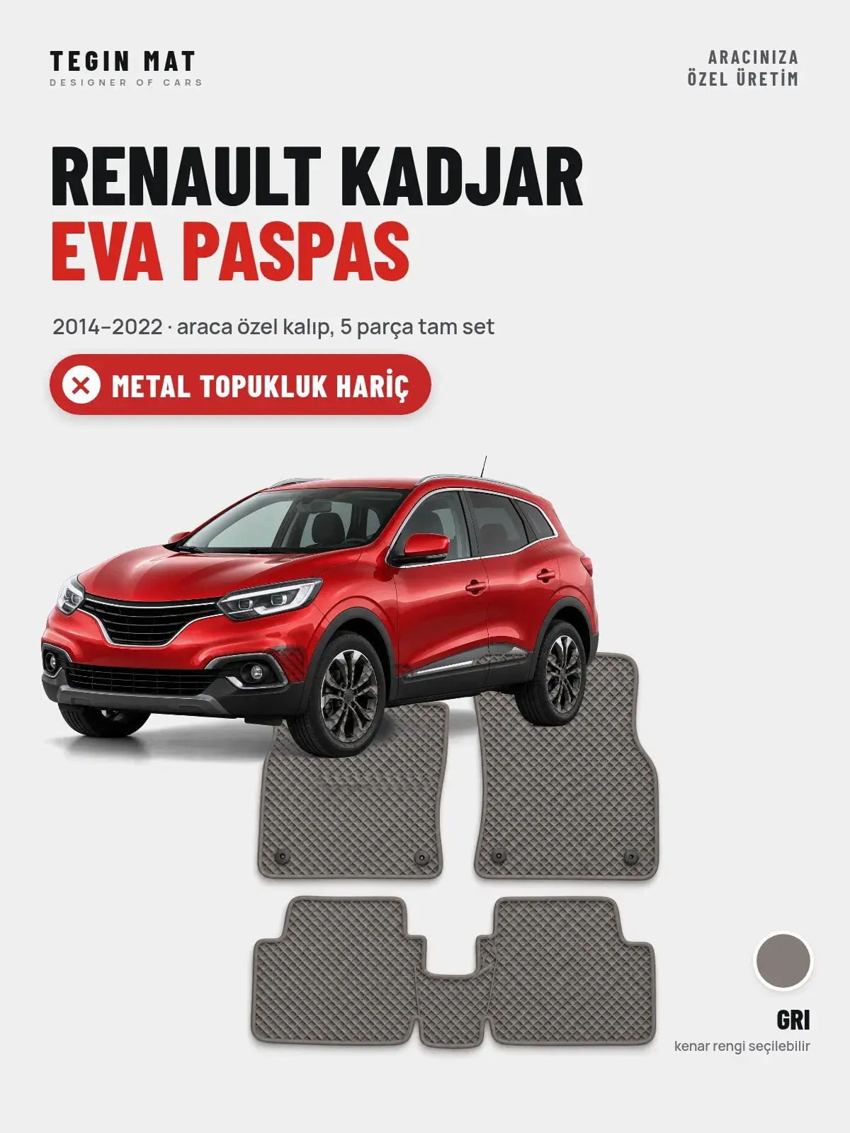 Renault Kadjar EVA Oto Paspas Tam Set (2014–2022) Gri – Metal Topukluk Hariç (1)