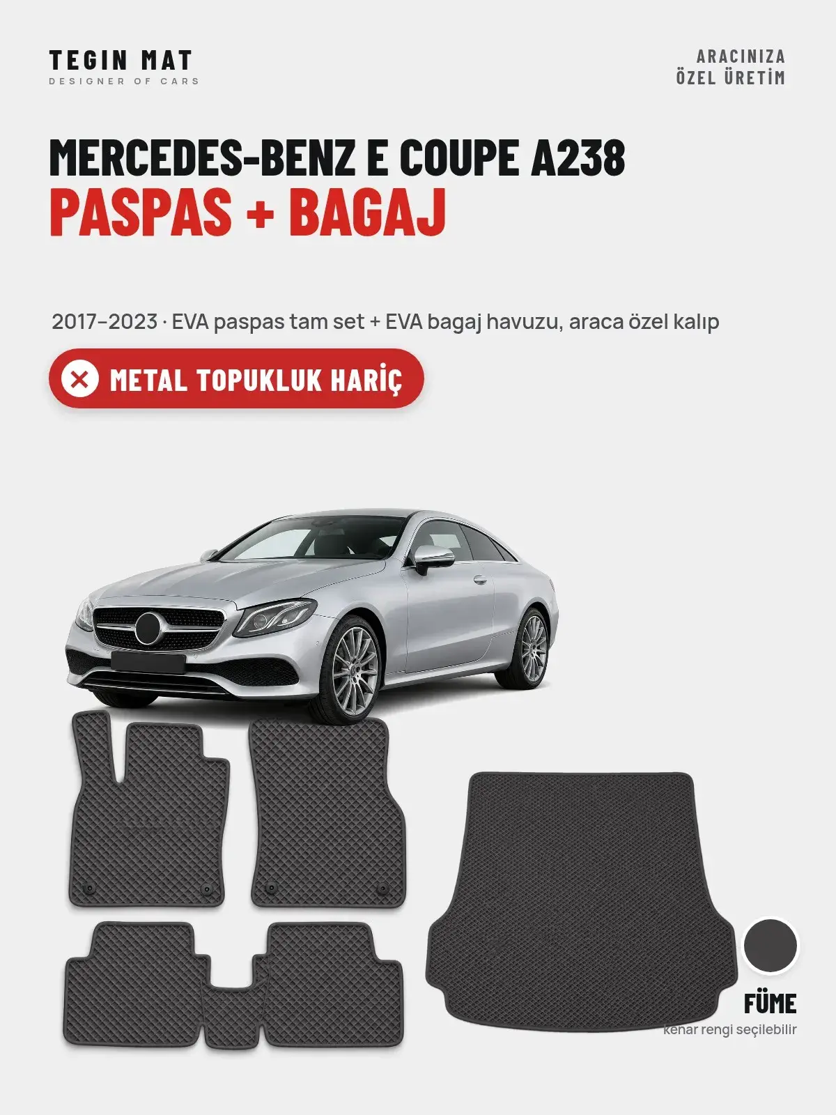 Mercedes-Benz E Coupe A238 EVA Paspas + Bagaj Havuzu Seti (2017–2023) Füme – Metal Topukluk Hariç (1)