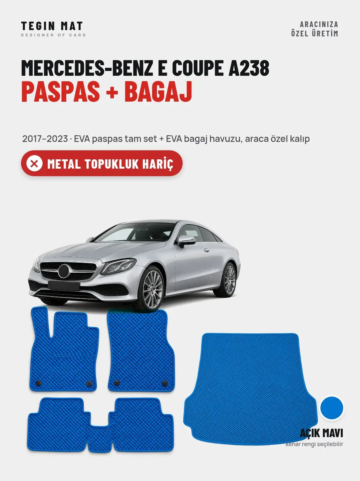 Mercedes-Benz E Coupe A238 EVA Paspas + Bagaj Havuzu Seti (2017–2023) Açık Mavi – Metal Topukluk Hariç (1)