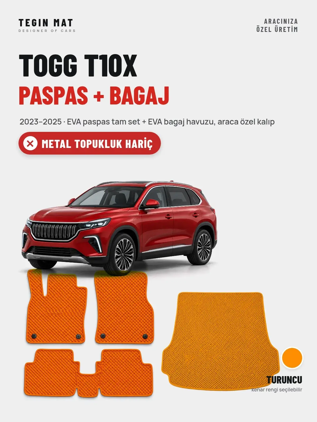 Togg T10X EVA Paspas + Bagaj Havuzu Seti (2023–2025) Turuncu – Metal Topukluk Hariç (1)