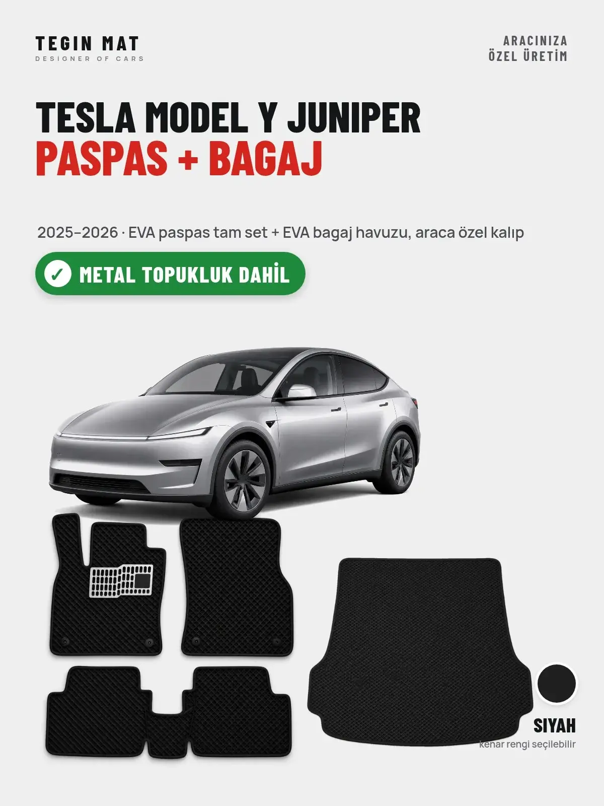 Tesla Model Y Juniper EVA Paspas + Bagaj Havuzu Seti (2025–2026) Siyah – Metal Topukluk Dahil (1)