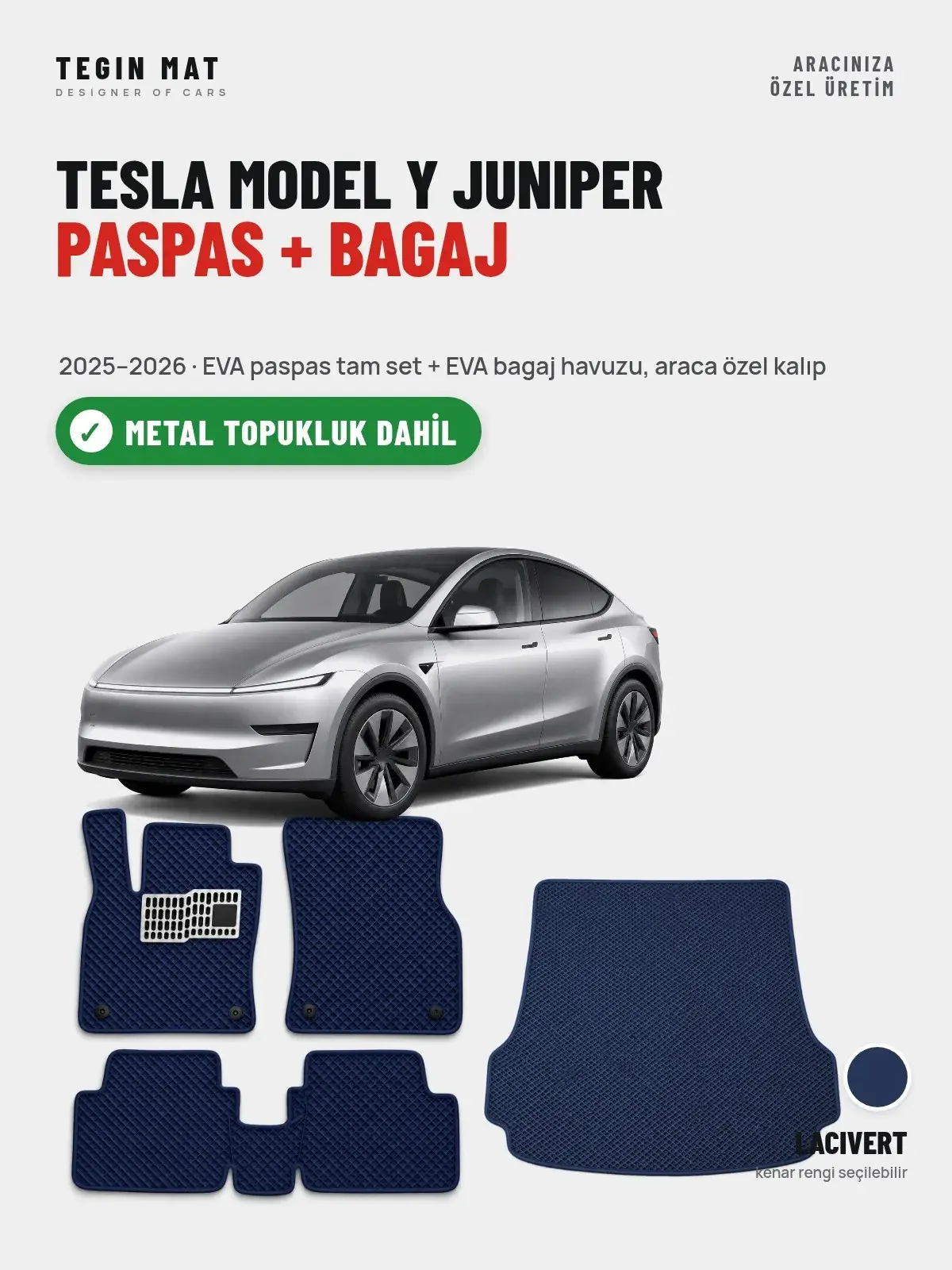 Tesla Model Y Juniper EVA Paspas + Bagaj Havuzu Seti (2025–2026) Lacivert – Metal Topukluk Dahil (1)