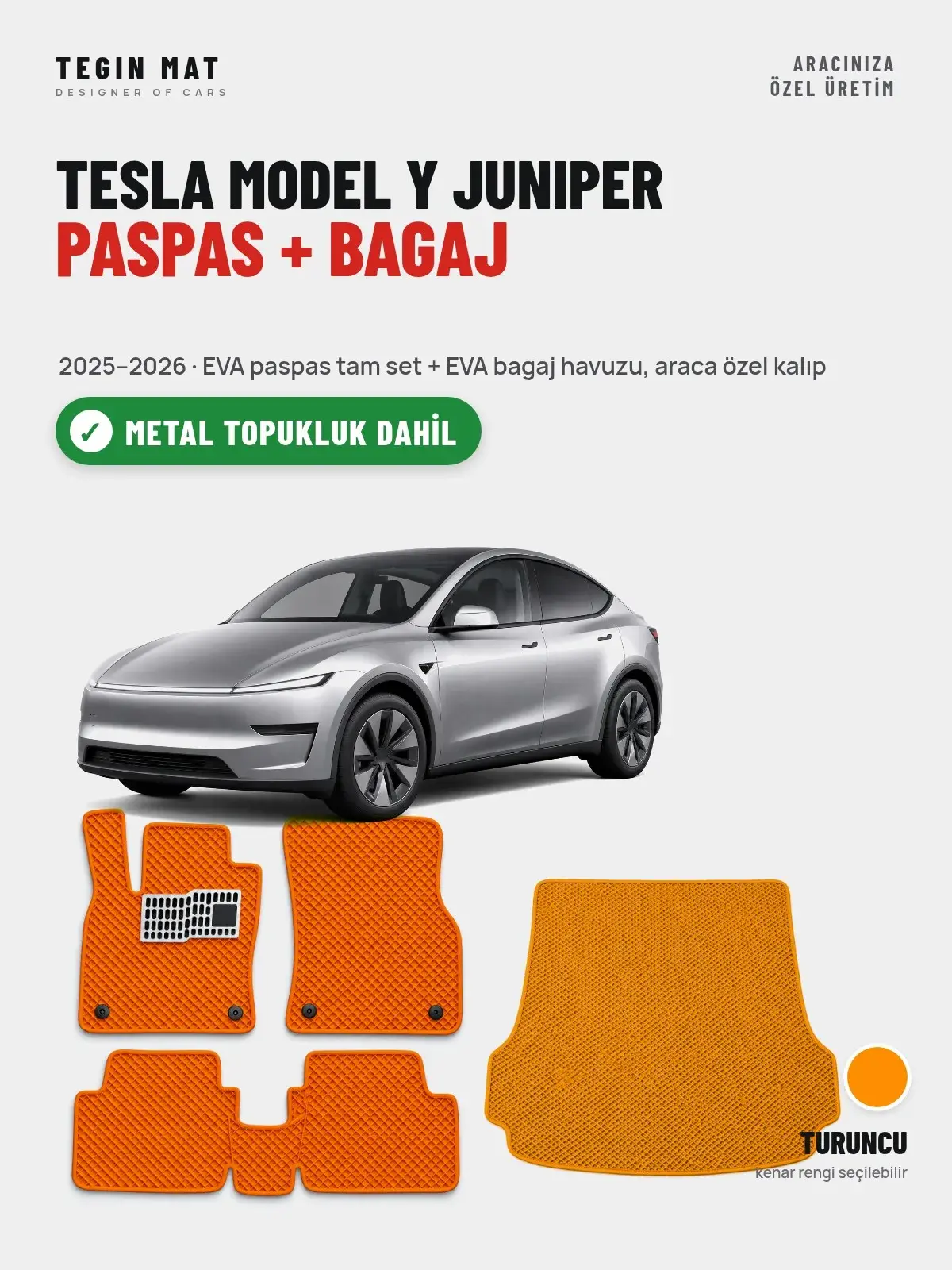 Tesla Model Y Juniper EVA Paspas + Bagaj Havuzu Seti (2025–2026) Turuncu – Metal Topukluk Dahil (1)