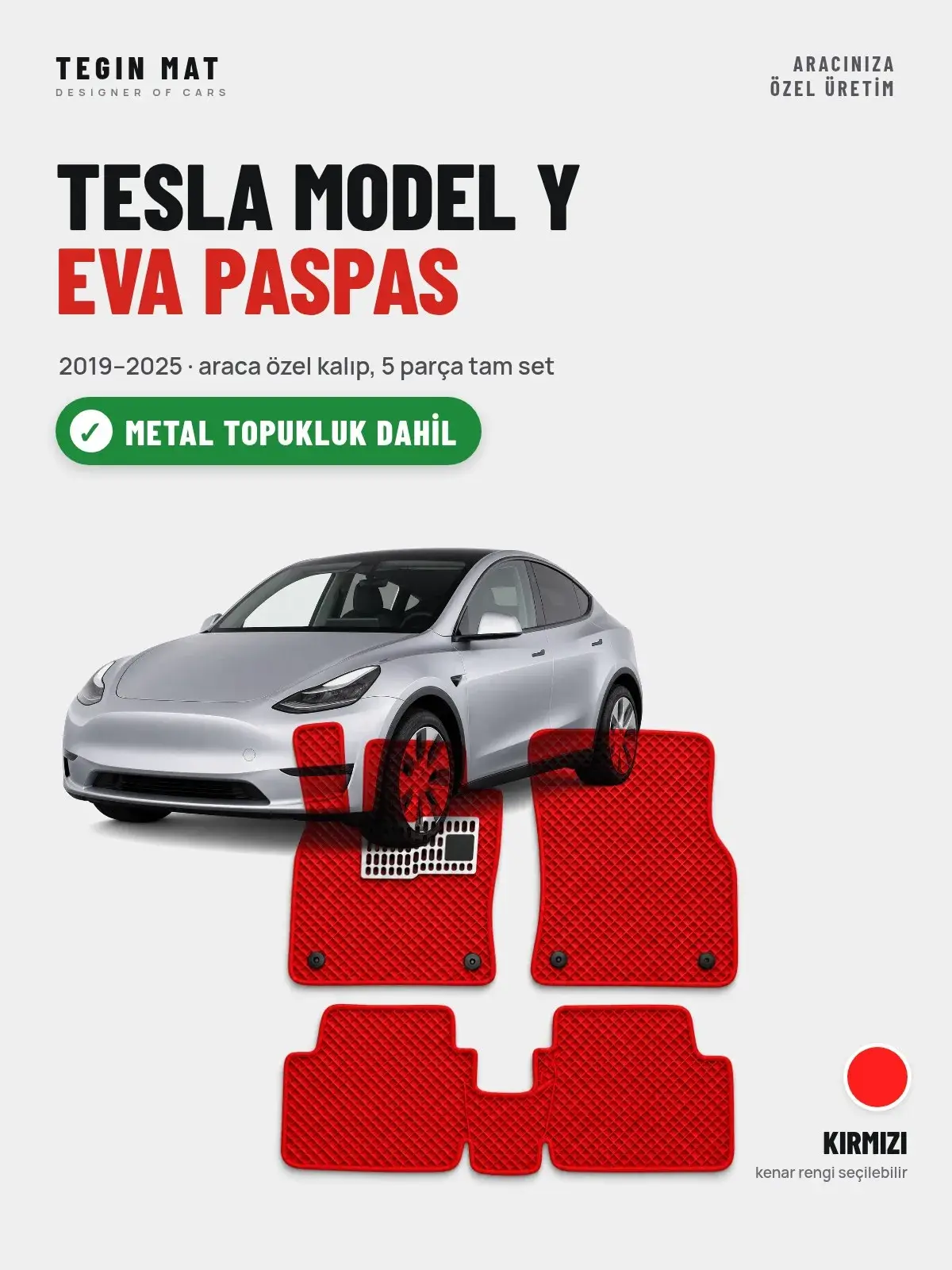 Tesla Model Y EVA Oto Paspas Tam Set (2019–2025) Kırmızı – Metal Topukluk Dahil (1)