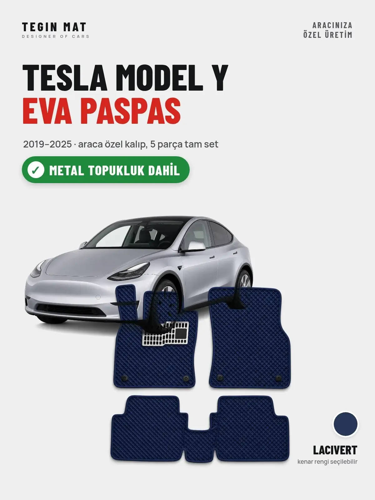 Tesla Model Y EVA Oto Paspas Tam Set (2019–2025) Lacivert – Metal Topukluk Dahil (1)