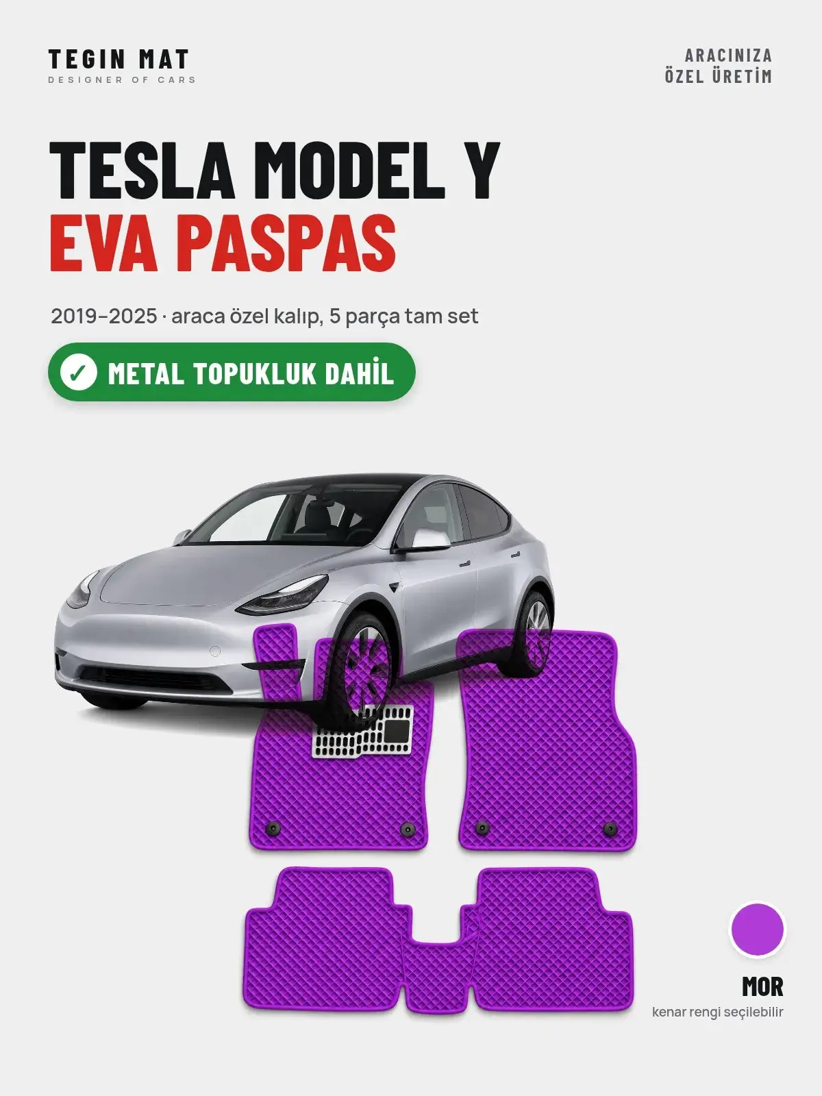 Tesla Model Y EVA Oto Paspas Tam Set (2019–2025) Mor – Metal Topukluk Dahil (1)