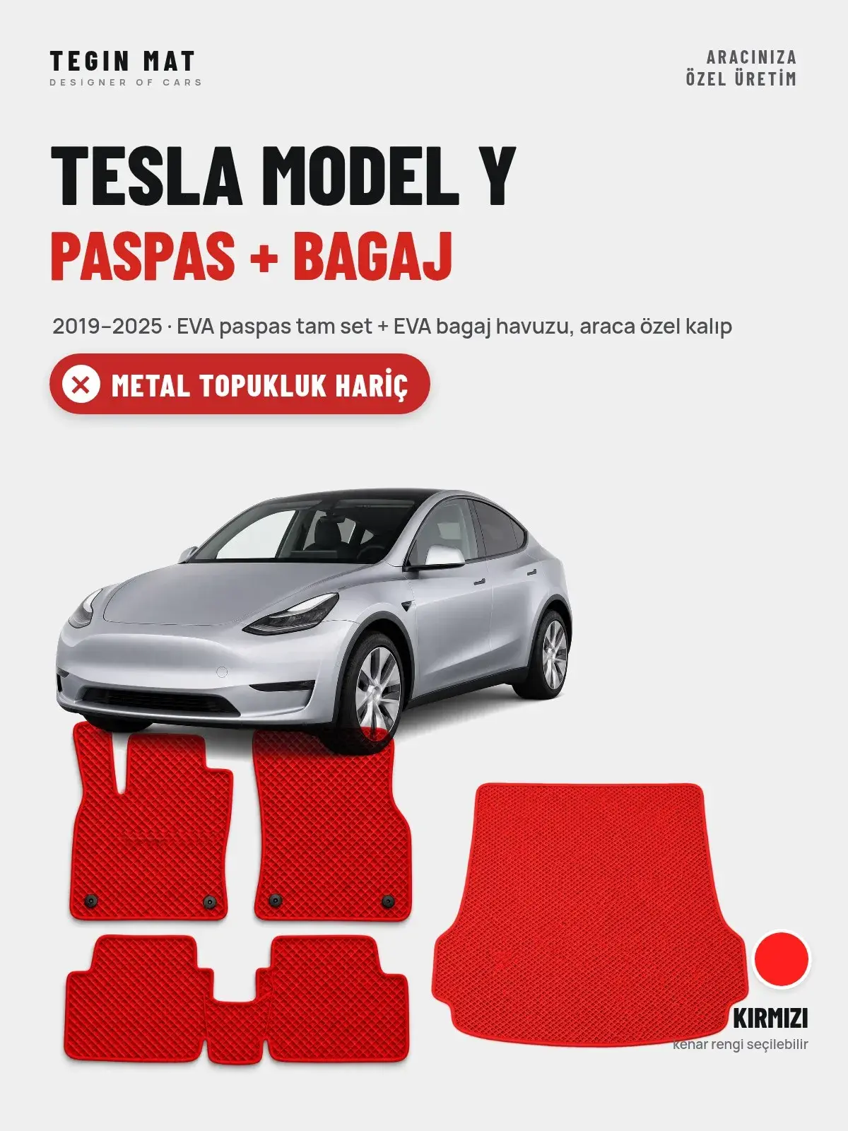 Tesla Model Y EVA Paspas + Bagaj Havuzu Seti (2019–2025) Kırmızı – Metal Topukluk Hariç (1)