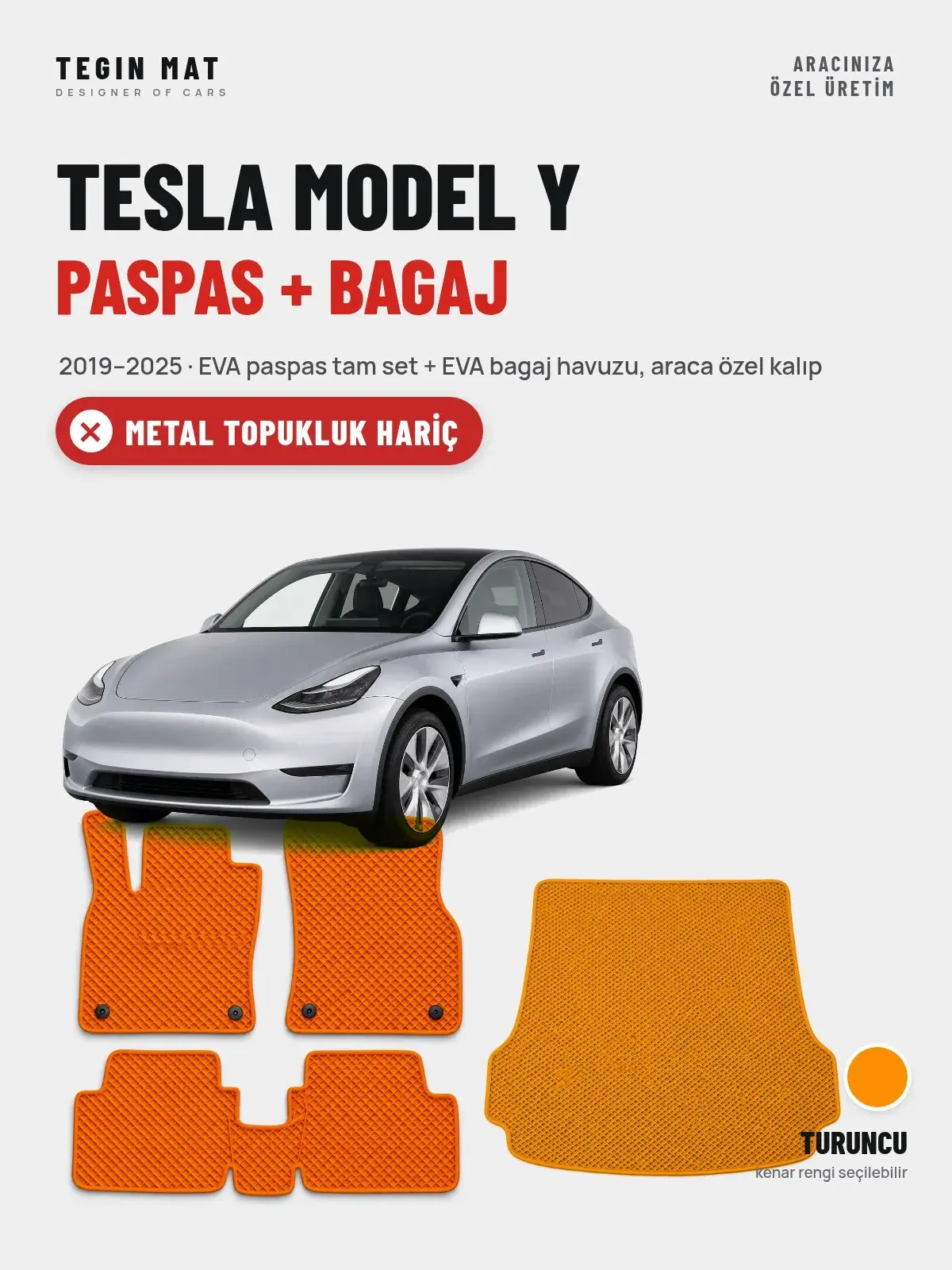 Tesla Model Y EVA Paspas + Bagaj Havuzu Seti (2019–2025) Turuncu – Metal Topukluk Hariç (1)