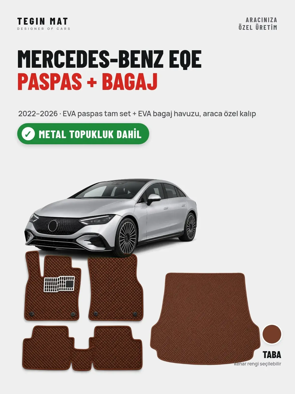 Mercedes-Benz EQE EVA Paspas + Bagaj Havuzu Seti (2022–2026) Taba – Metal Topukluk Dahil (1)