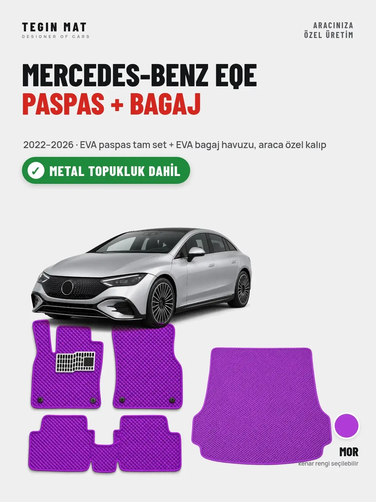 Mercedes-Benz EQE EVA Paspas + Bagaj Havuzu Seti (2022–2026) Mor – Metal Topukluk Dahil (1)