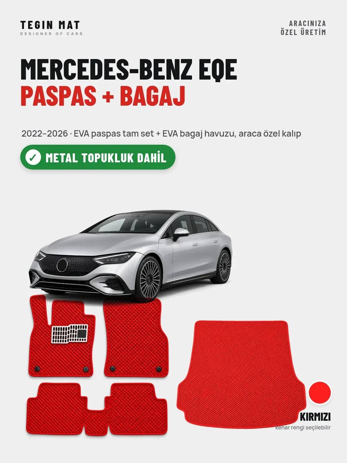 Mercedes-Benz EQE EVA Paspas + Bagaj Havuzu Seti (2022–2026) Kırmızı – Metal Topukluk Dahil (1)