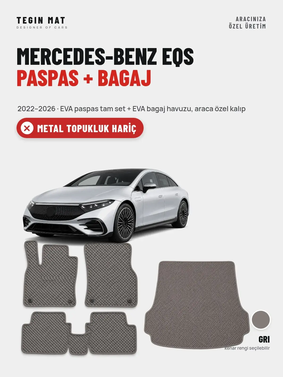 Mercedes-Benz EQS EVA Paspas + Bagaj Havuzu Seti (2022–2026) Gri – Metal Topukluk Hariç (1)