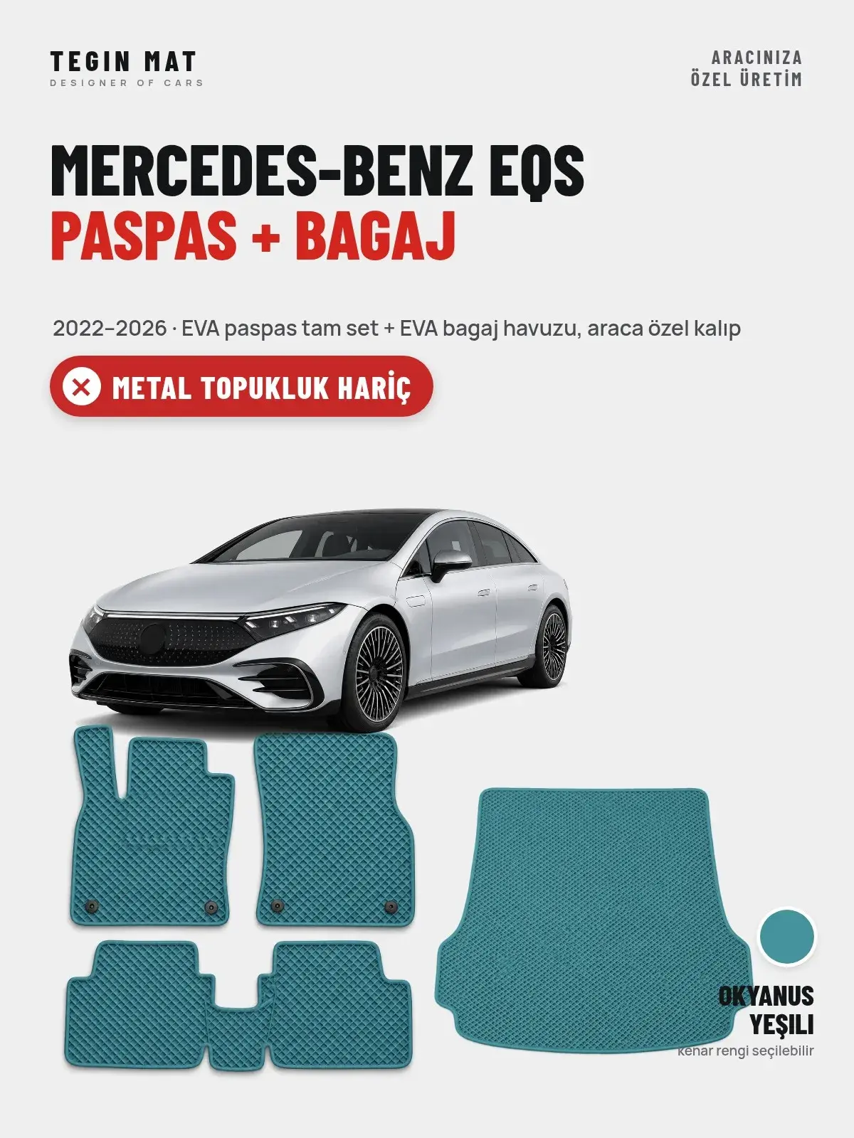 Mercedes-Benz EQS EVA Paspas + Bagaj Havuzu Seti (2022–2026) Okyanus Yeşili – Metal Topukluk Hariç (1)
