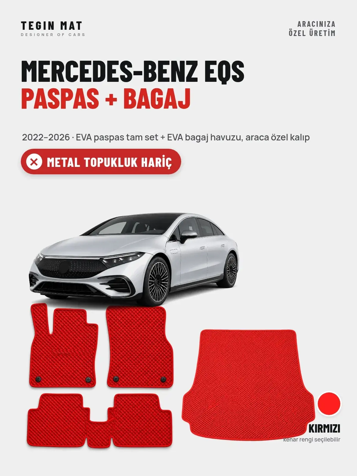 Mercedes-Benz EQS EVA Paspas + Bagaj Havuzu Seti (2022–2026) Kırmızı – Metal Topukluk Hariç (1)