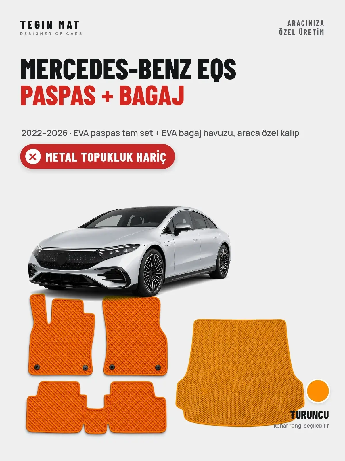 Mercedes-Benz EQS EVA Paspas + Bagaj Havuzu Seti (2022–2026) Turuncu – Metal Topukluk Hariç (1)