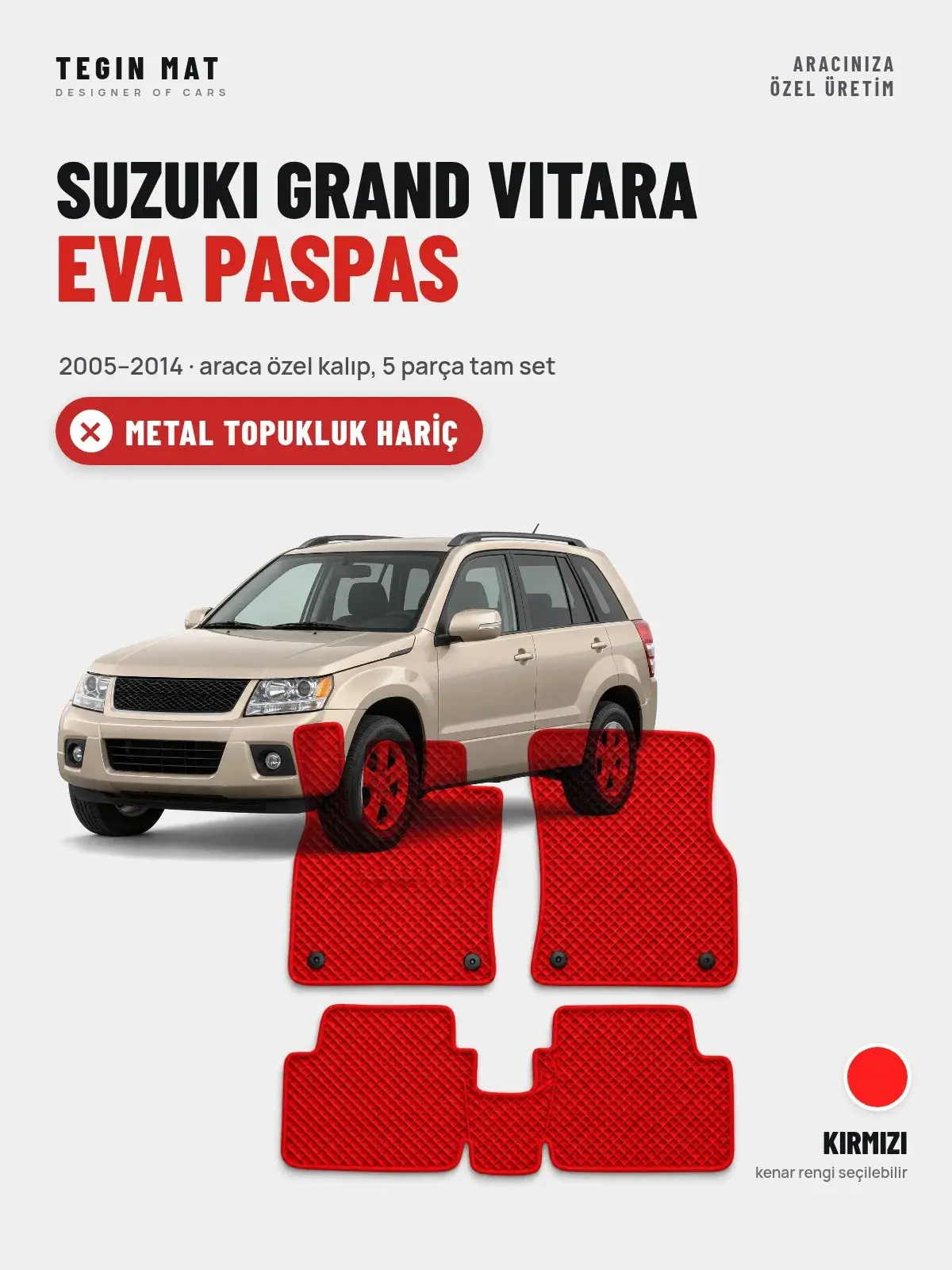 Suzuki Grand Vitara EVA Oto Paspas Tam Set (2005–2014) Kırmızı – Metal Topukluk Hariç (1)