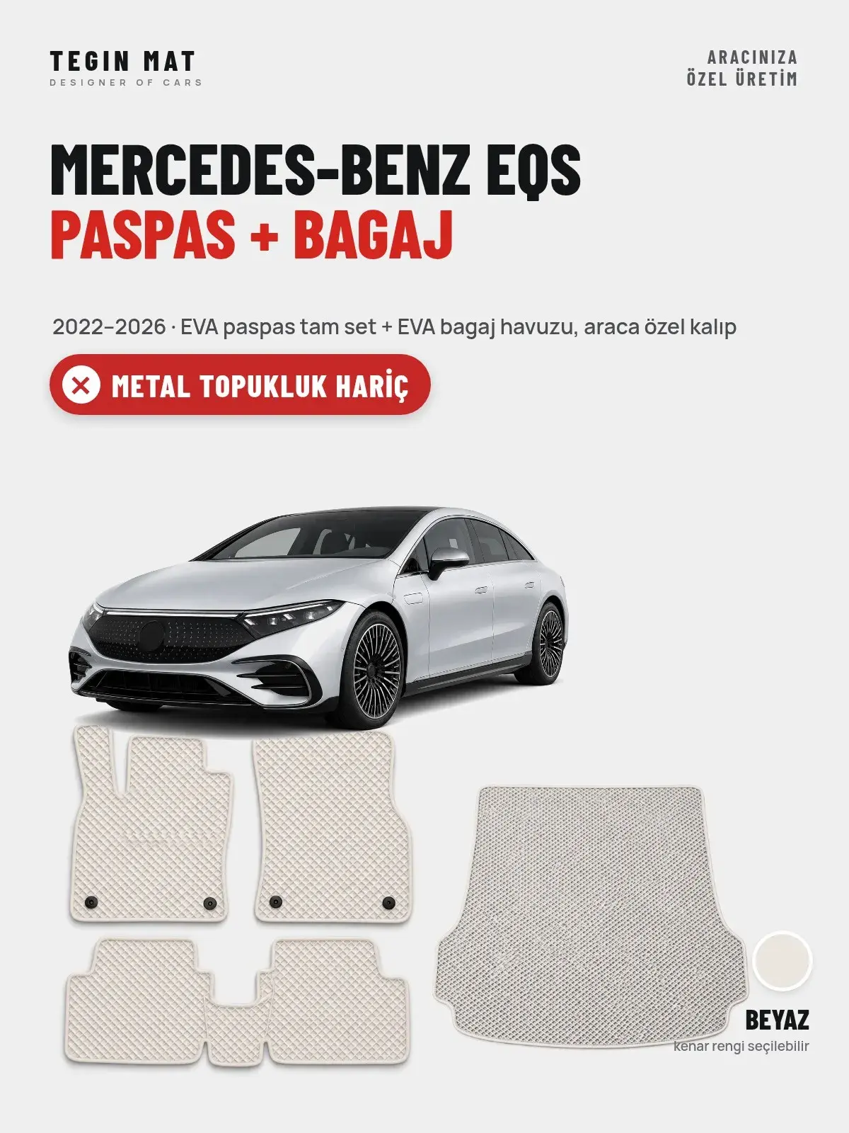 Mercedes-Benz EQS EVA Paspas + Bagaj Havuzu Seti (2022–2026) Beyaz – Metal Topukluk Hariç (1)
