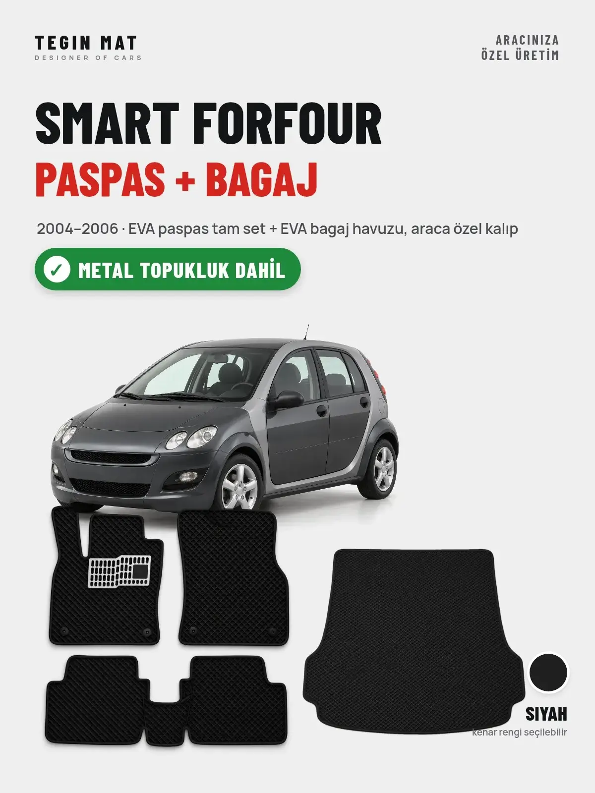 Smart Forfour EVA Paspas + Bagaj Havuzu Seti (2004–2006) Siyah – Metal Topukluk Dahil (1)