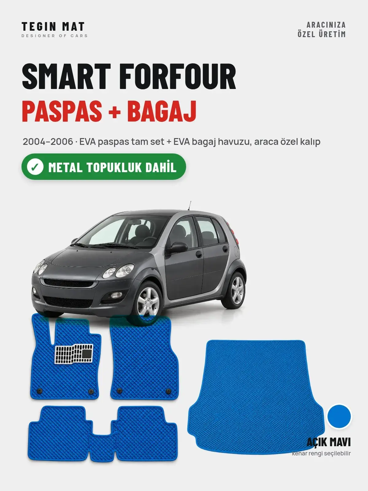 Smart Forfour EVA Paspas + Bagaj Havuzu Seti (2004–2006) Açık Mavi – Metal Topukluk Dahil (1)