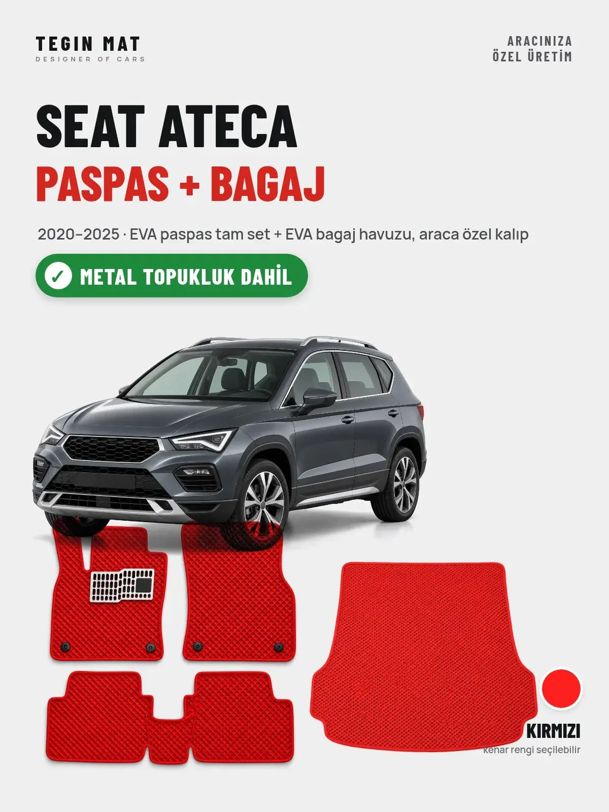 Seat Ateca EVA Paspas + Bagaj Havuzu Seti (2020–2025) Kırmızı – Metal Topukluk Dahil (1)