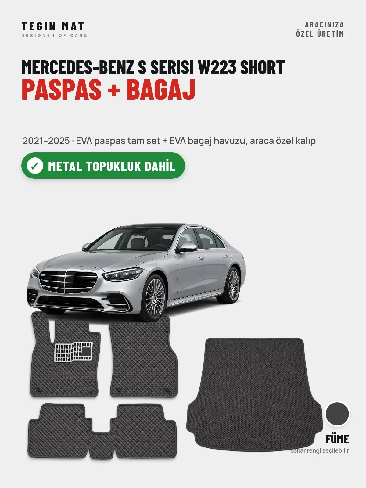 Mercedes-Benz S Serisi W223 Short EVA Paspas + Bagaj Havuzu Seti (2021–2025) Füme – Metal Topukluk Dahil (1)