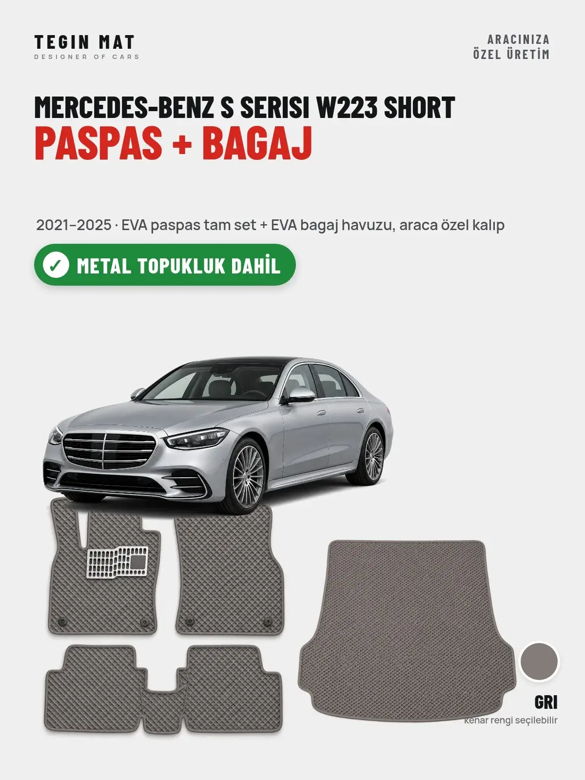 Mercedes-Benz S Serisi W223 Short EVA Paspas + Bagaj Havuzu Seti (2021–2025) Gri – Metal Topukluk Dahil (1)