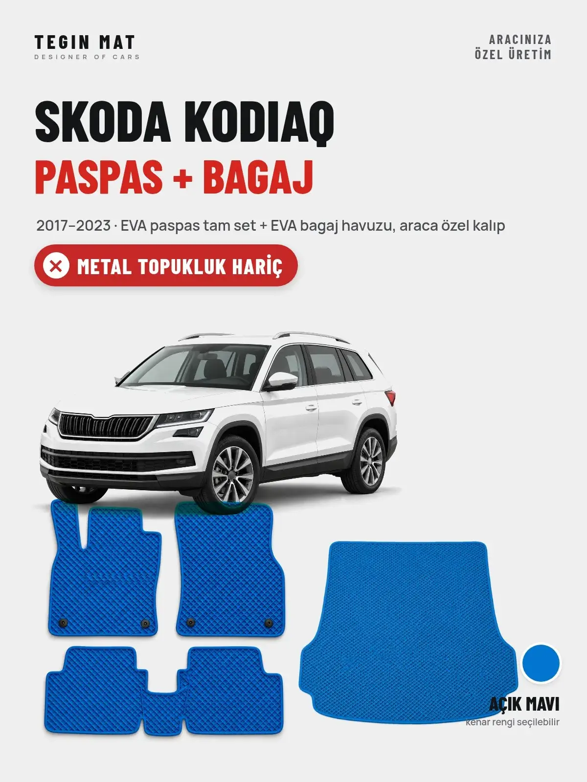 Skoda Kodiaq EVA Paspas + Bagaj Havuzu Seti (2017–2023) Açık Mavi – Metal Topukluk Hariç (1)
