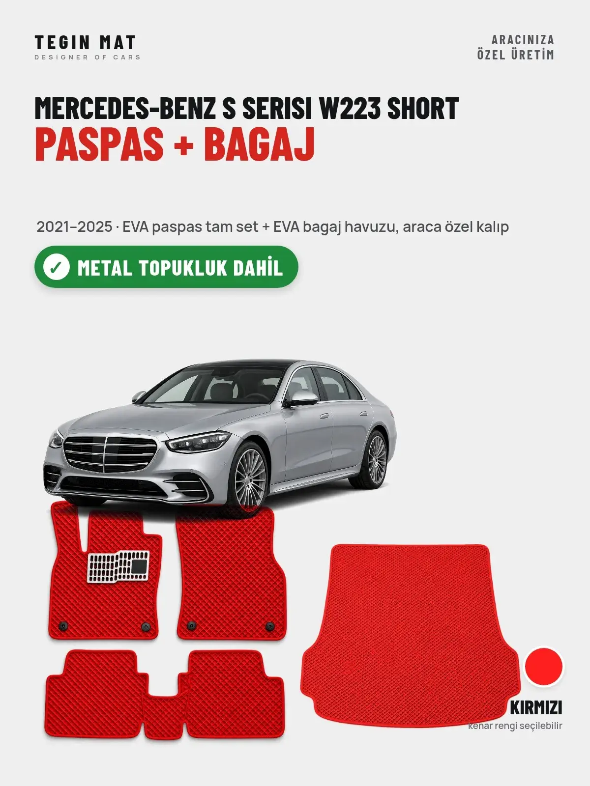 Mercedes-Benz S Serisi W223 Short EVA Paspas + Bagaj Havuzu Seti (2021–2025) Kırmızı – Metal Topukluk Dahil (1)