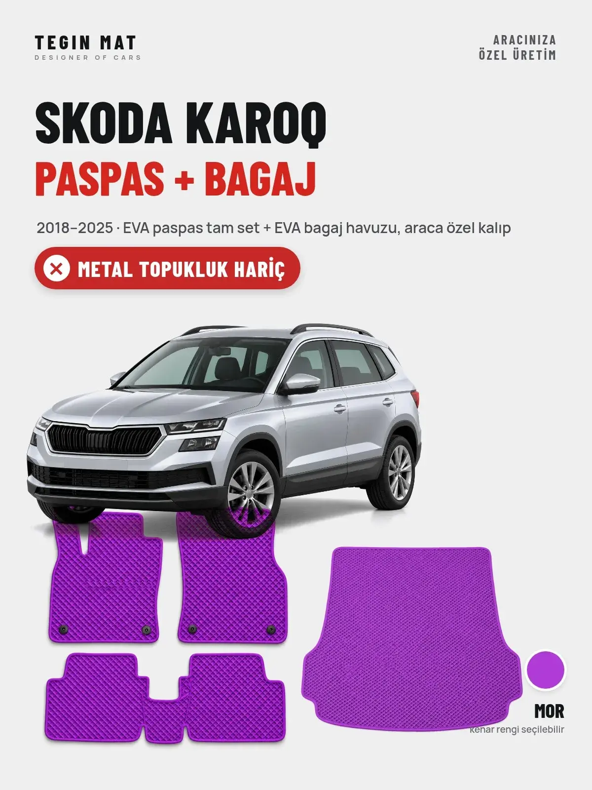 Skoda Karoq EVA Paspas + Bagaj Havuzu Seti (2018–2025) Mor – Metal Topukluk Hariç (1)