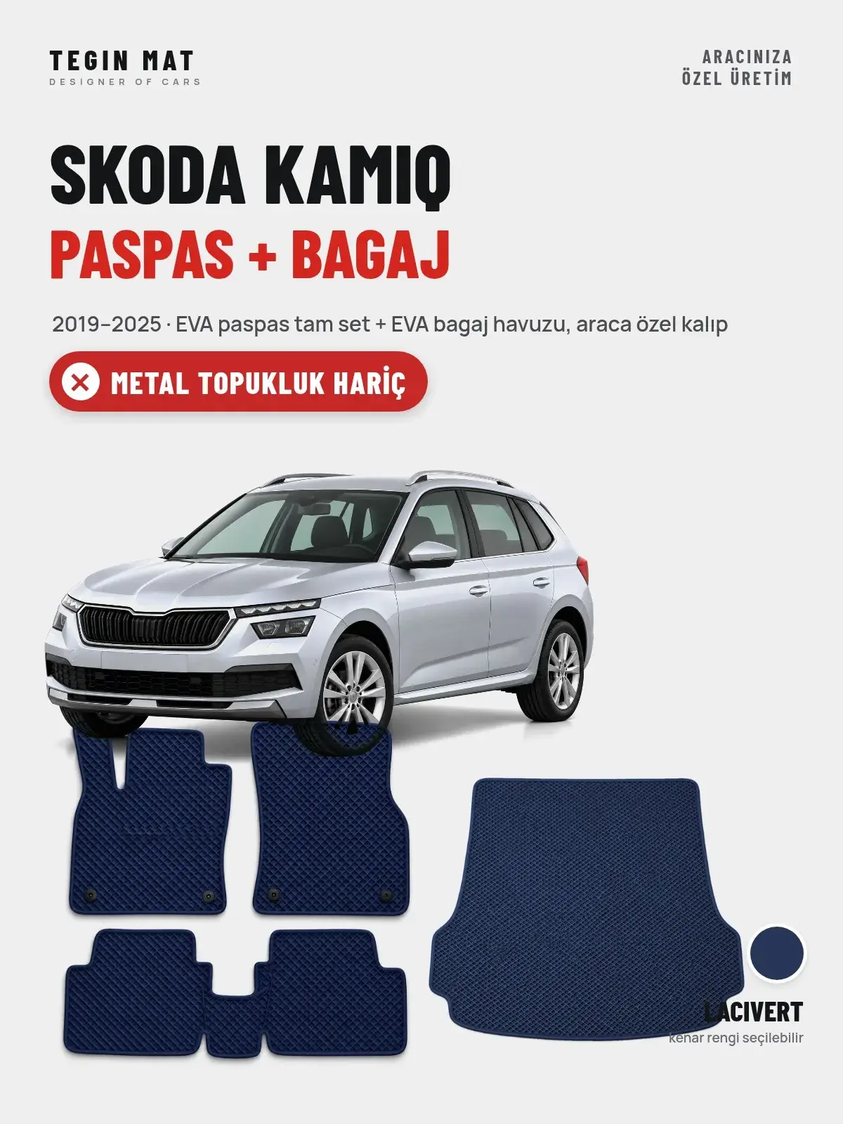 Skoda Kamiq EVA Paspas + Bagaj Havuzu Seti (2019–2025) Lacivert – Metal Topukluk Hariç (1)