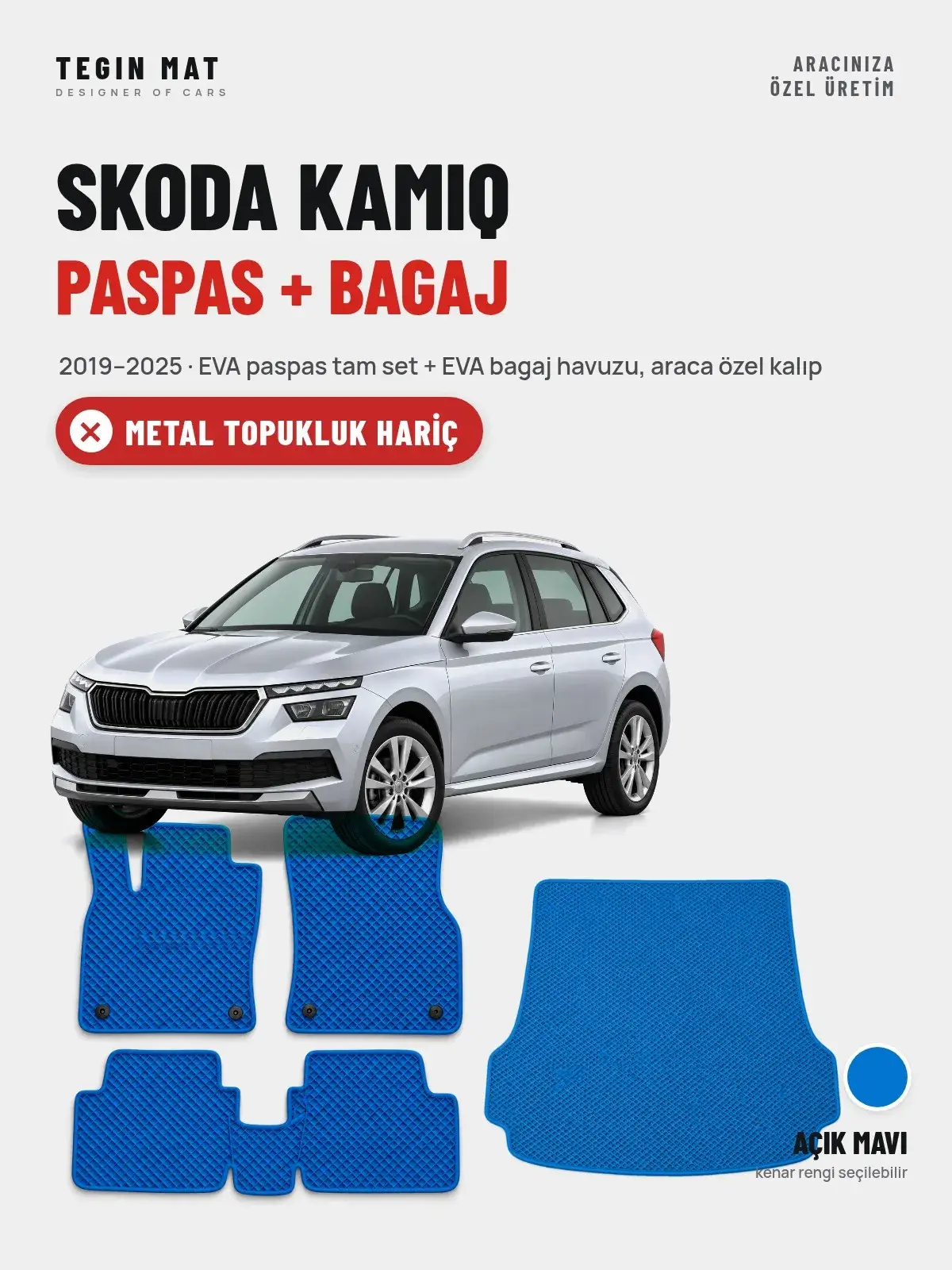 Skoda Kamiq EVA Paspas + Bagaj Havuzu Seti (2019–2025) Açık Mavi – Metal Topukluk Hariç (1)