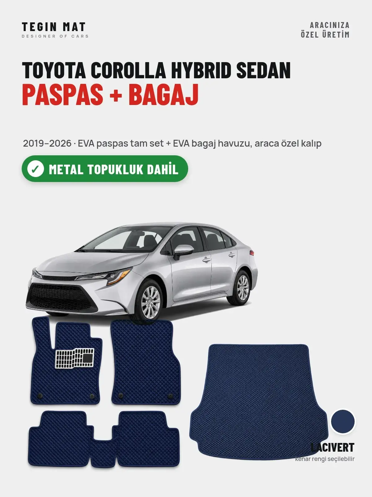 Toyota Corolla Hybrid Sedan EVA Paspas + Bagaj Havuzu Seti (2019–2026) Lacivert – Metal Topukluk Dahil (1)