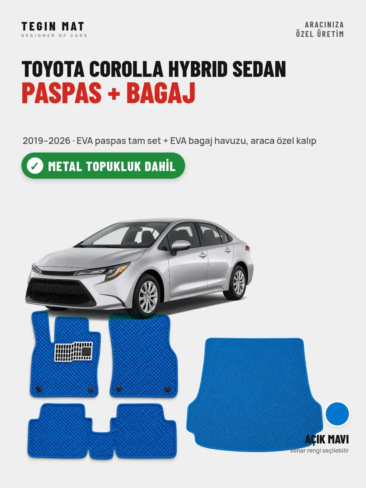 Toyota Corolla Hybrid Sedan EVA Paspas + Bagaj Havuzu Seti (2019–2026) Açık Mavi – Metal Topukluk Dahil (1)