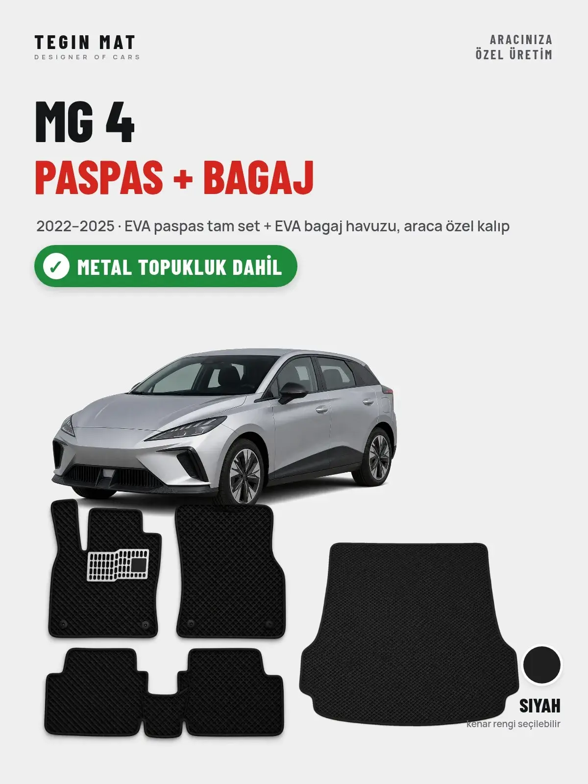 MG 4 EVA Paspas + Bagaj Havuzu Seti (2022–2025) Siyah – Metal Topukluk Dahil (1)