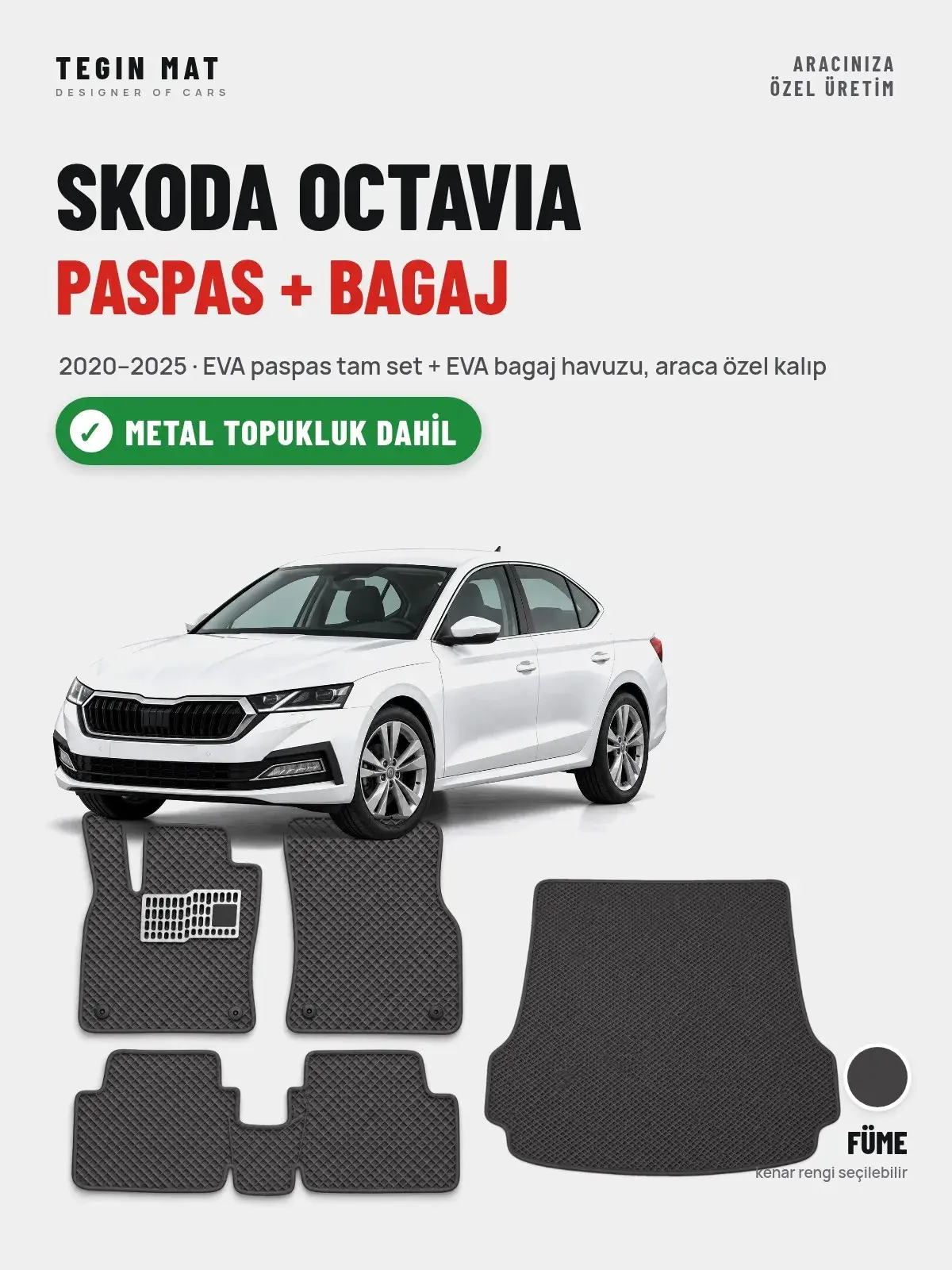 Skoda Octavia EVA Paspas + Bagaj Havuzu Seti (2020–2025) Füme – Metal Topukluk Dahil (1)