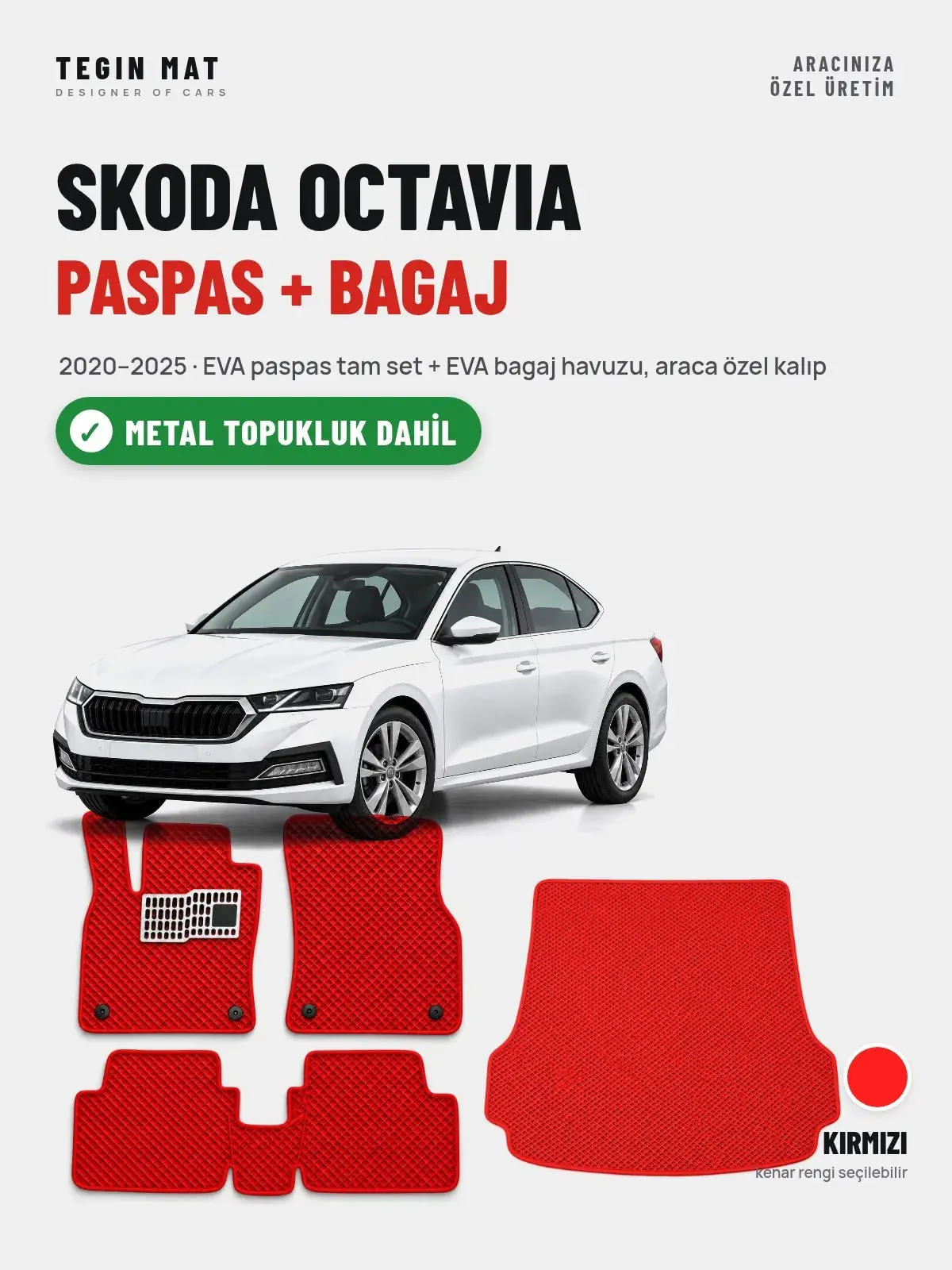 Skoda Octavia EVA Paspas + Bagaj Havuzu Seti (2020–2025) Kırmızı – Metal Topukluk Dahil (1)