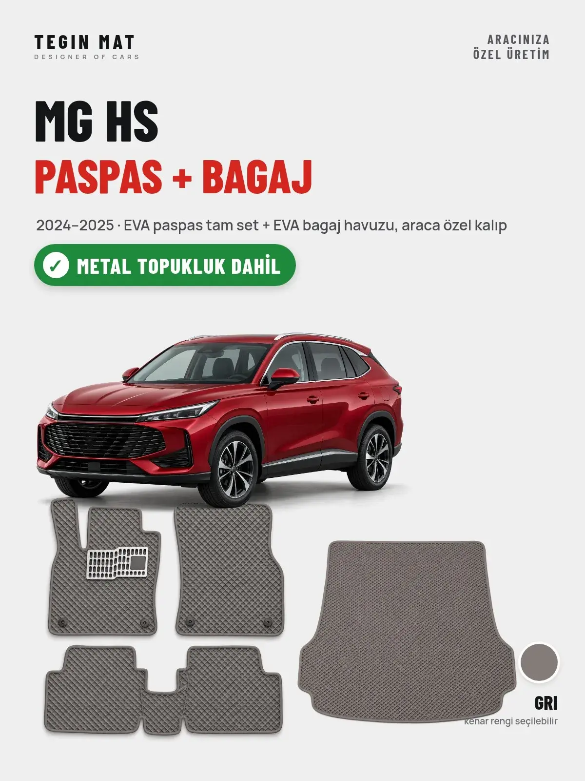 MG HS EVA Paspas + Bagaj Havuzu Seti (2024–2025) Gri – Metal Topukluk Dahil (1)
