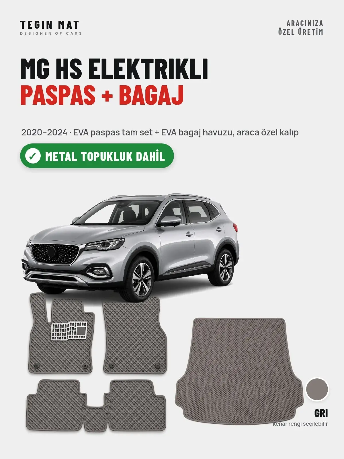 MG Hs Elektrikli EVA Paspas + Bagaj Havuzu Seti (2020–2024) Gri – Metal Topukluk Dahil (1)