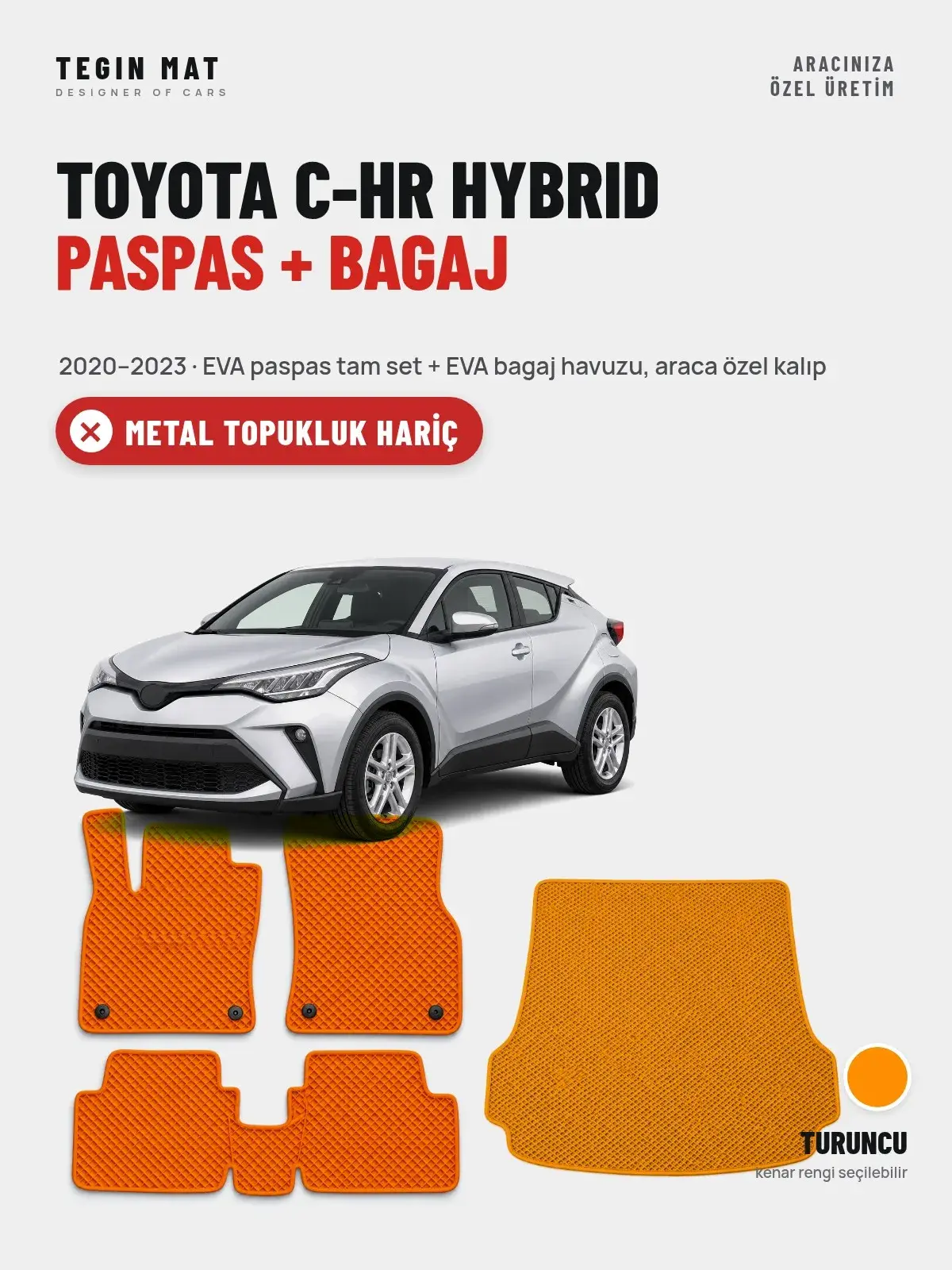 Toyota C-HR Hybrid EVA Paspas + Bagaj Havuzu Seti (2020–2023) Turuncu – Metal Topukluk Hariç (1)