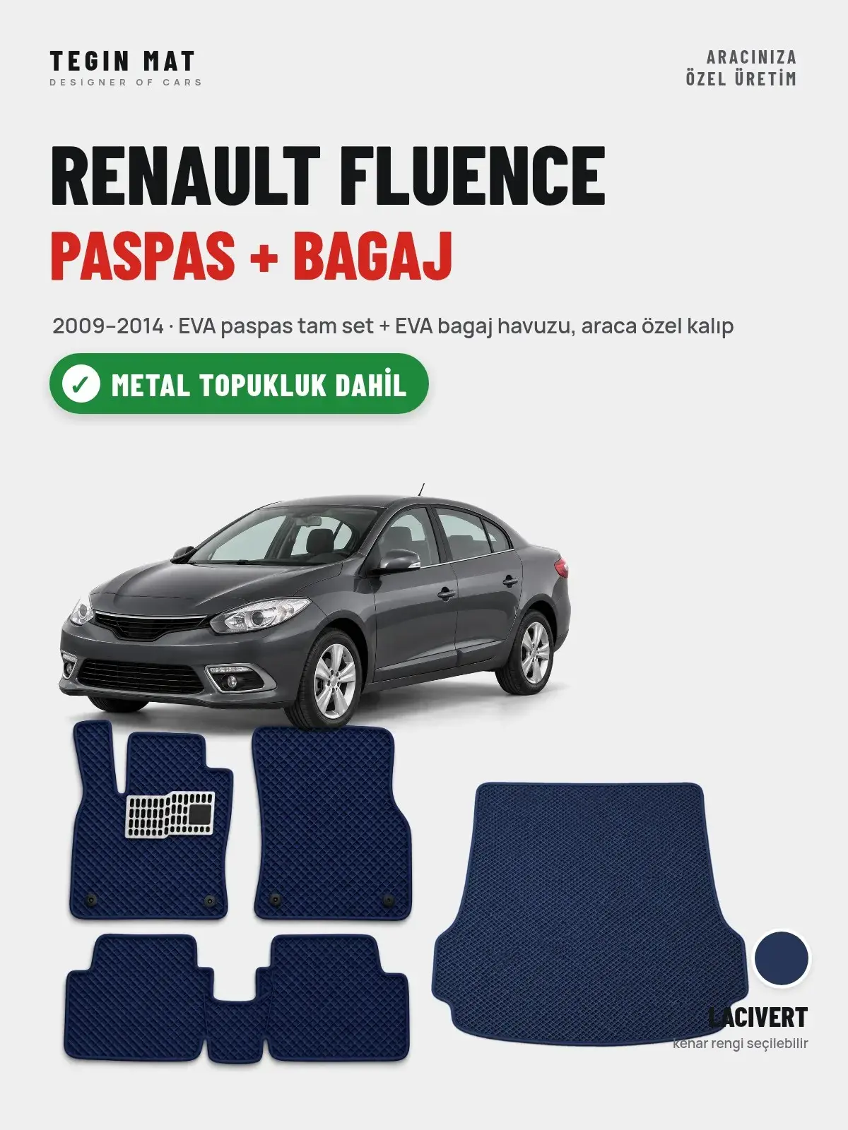 Renault Fluence EVA Paspas + Bagaj Havuzu Seti (2009–2014) Lacivert – Metal Topukluk Dahil (1)