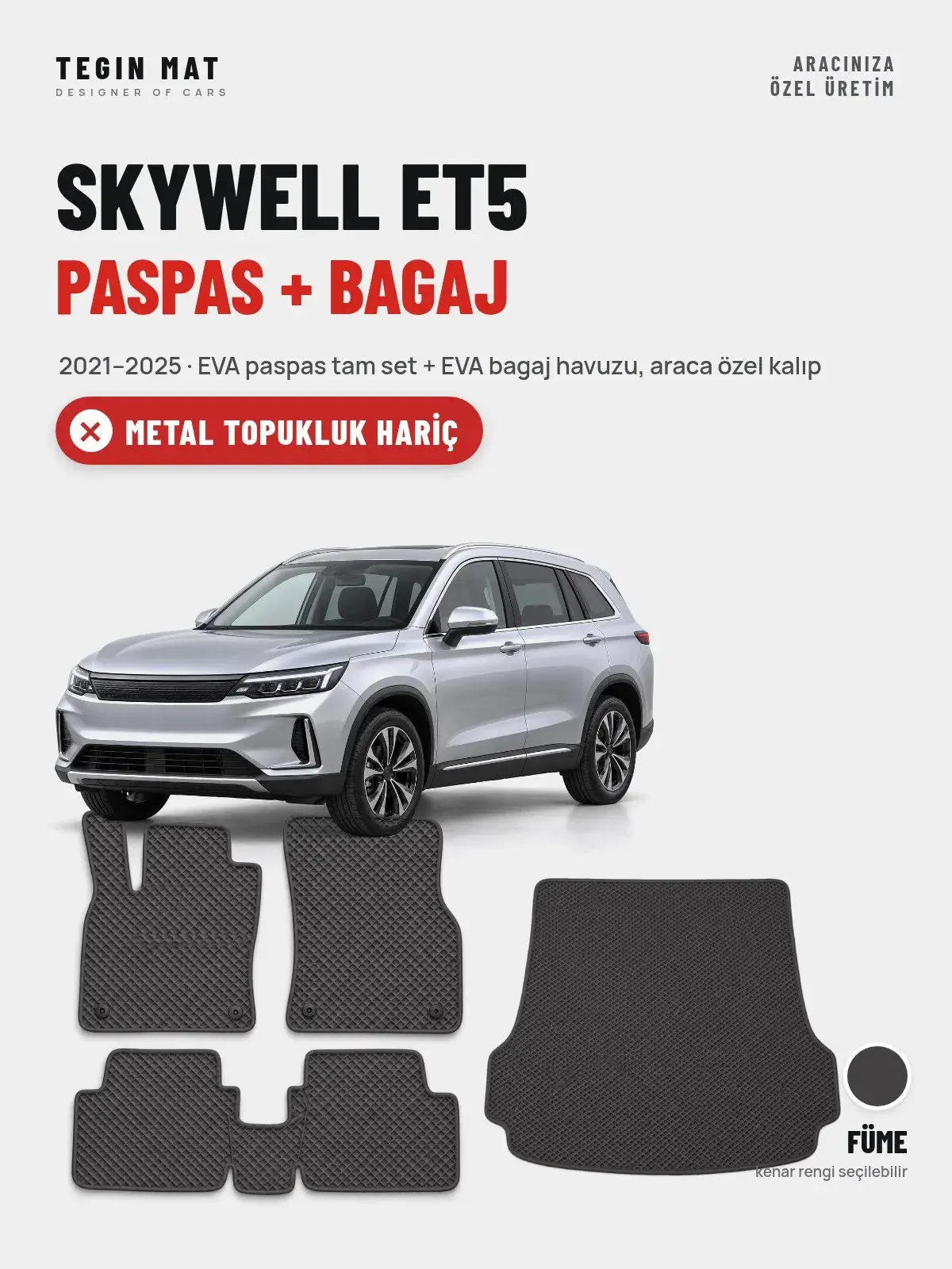 Skywell ET5 EVA Paspas + Bagaj Havuzu Seti (2021–2025) Füme – Metal Topukluk Hariç (1)