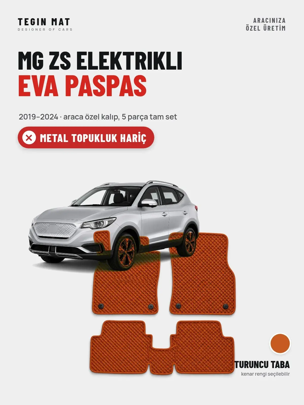 MG ZS Elektrikli EVA Oto Paspas Tam Set (2019–2024) Turuncu Taba – Metal Topukluk Hariç (1)