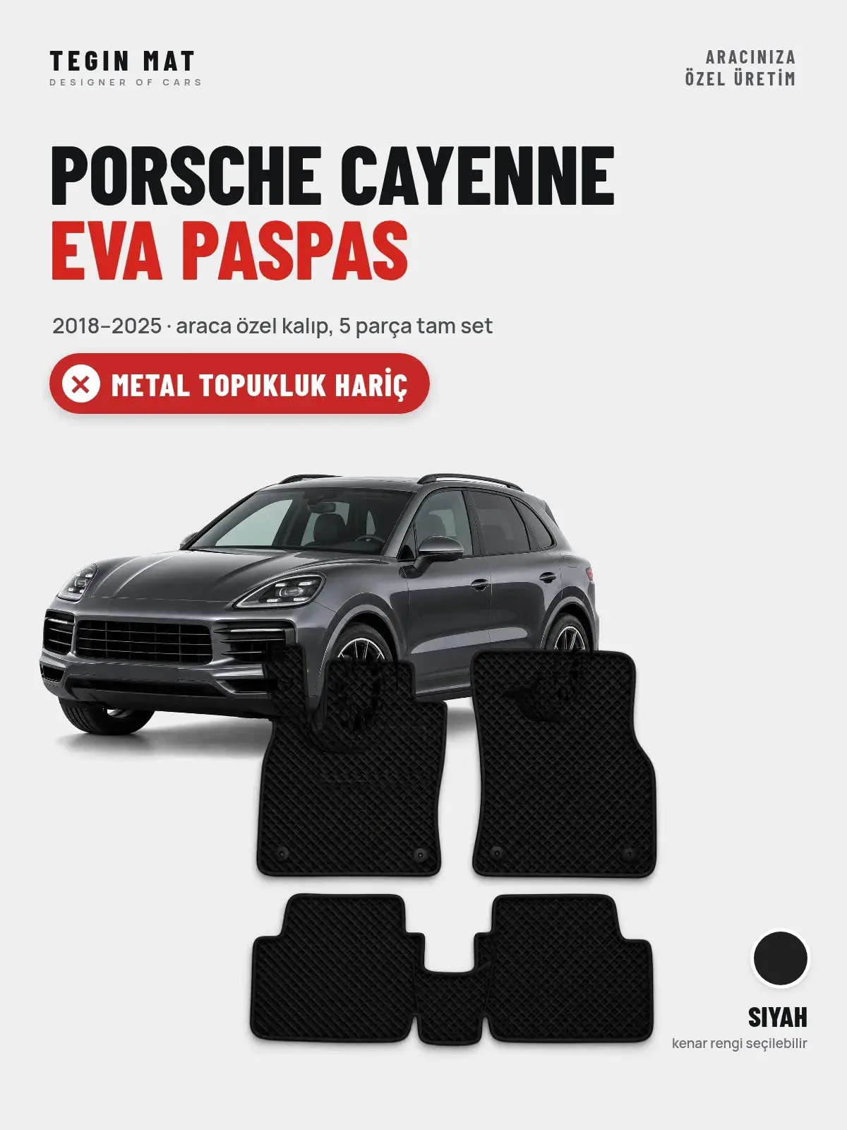 Porsche Cayenne EVA Oto Paspas Tam Set (2018–2025) Siyah – Metal Topukluk Hariç (1)