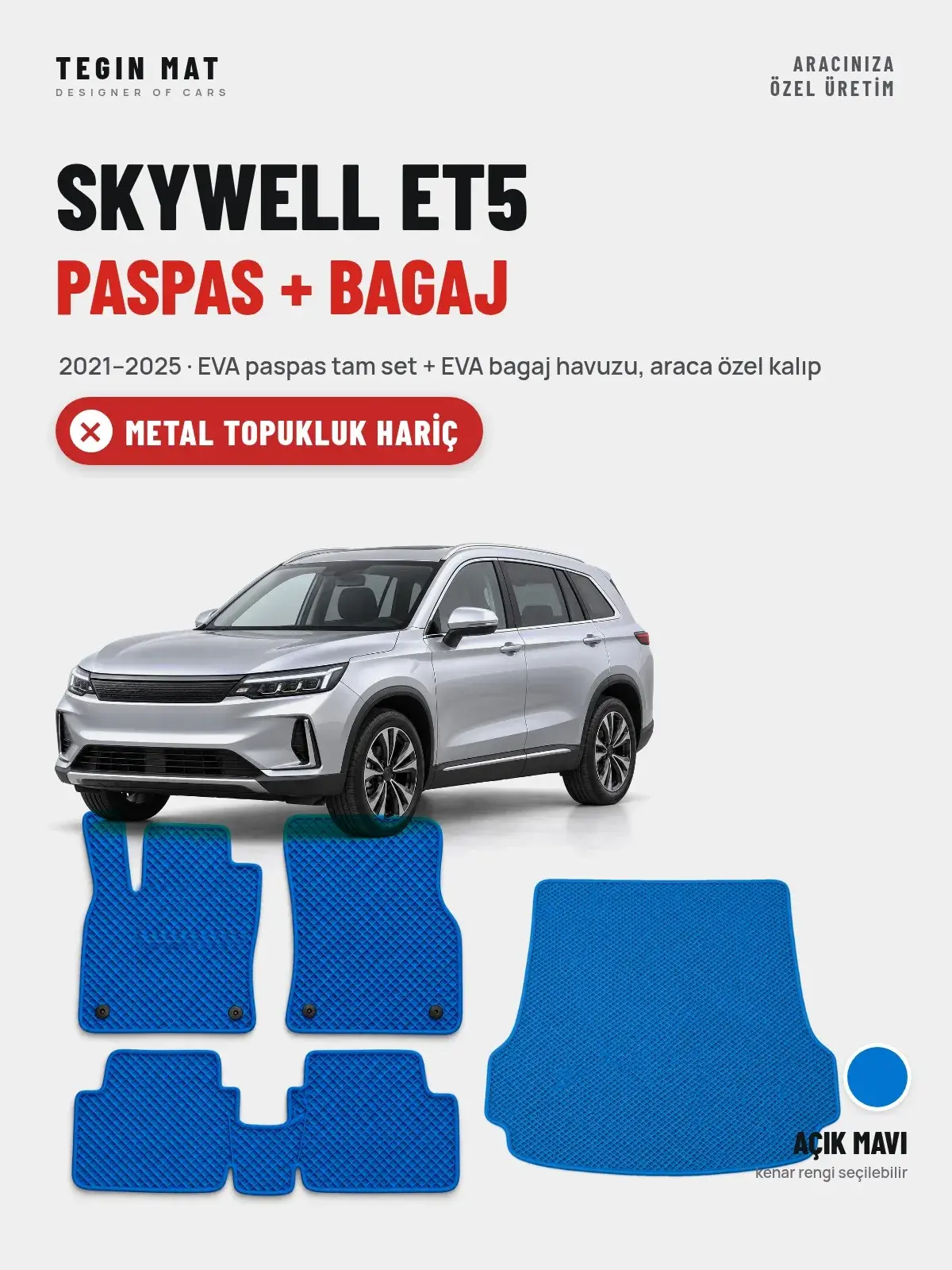Skywell ET5 EVA Paspas + Bagaj Havuzu Seti (2021–2025) Açık Mavi – Metal Topukluk Hariç (1)