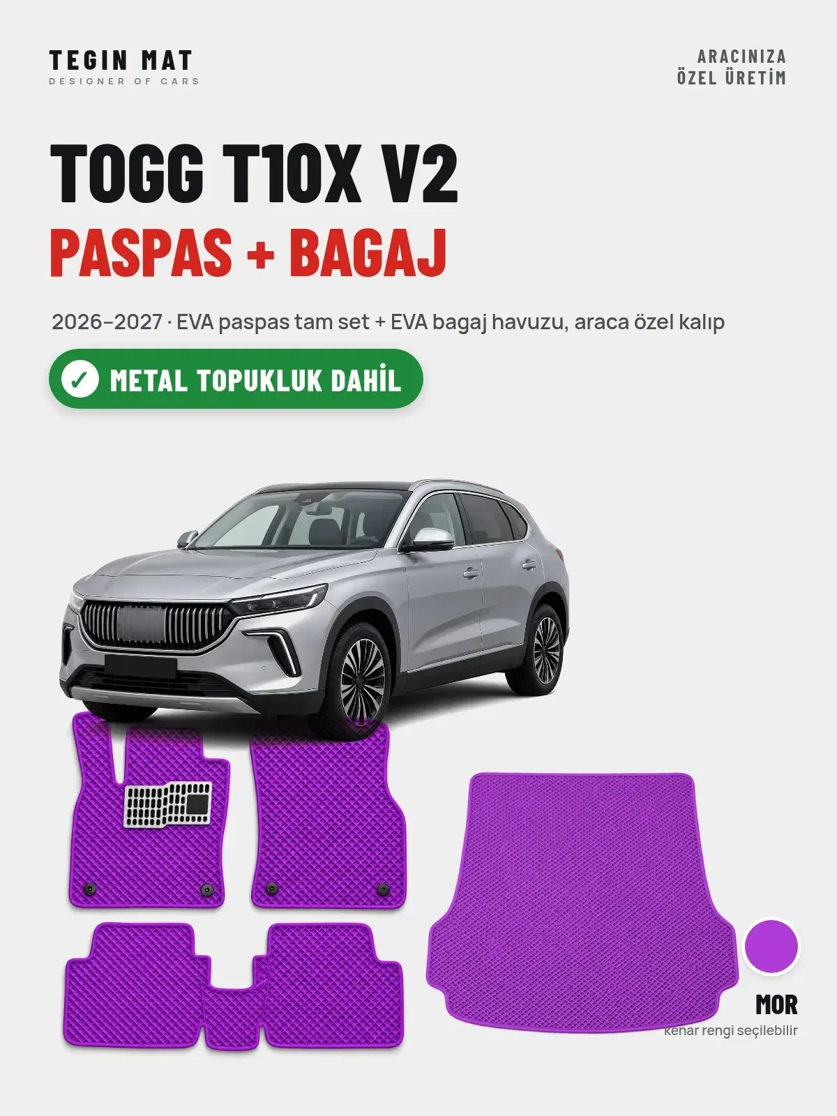 Togg T10X V2 EVA Paspas + Bagaj Havuzu Seti (2026–2027) Mor – Metal Topukluk Dahil (1)
