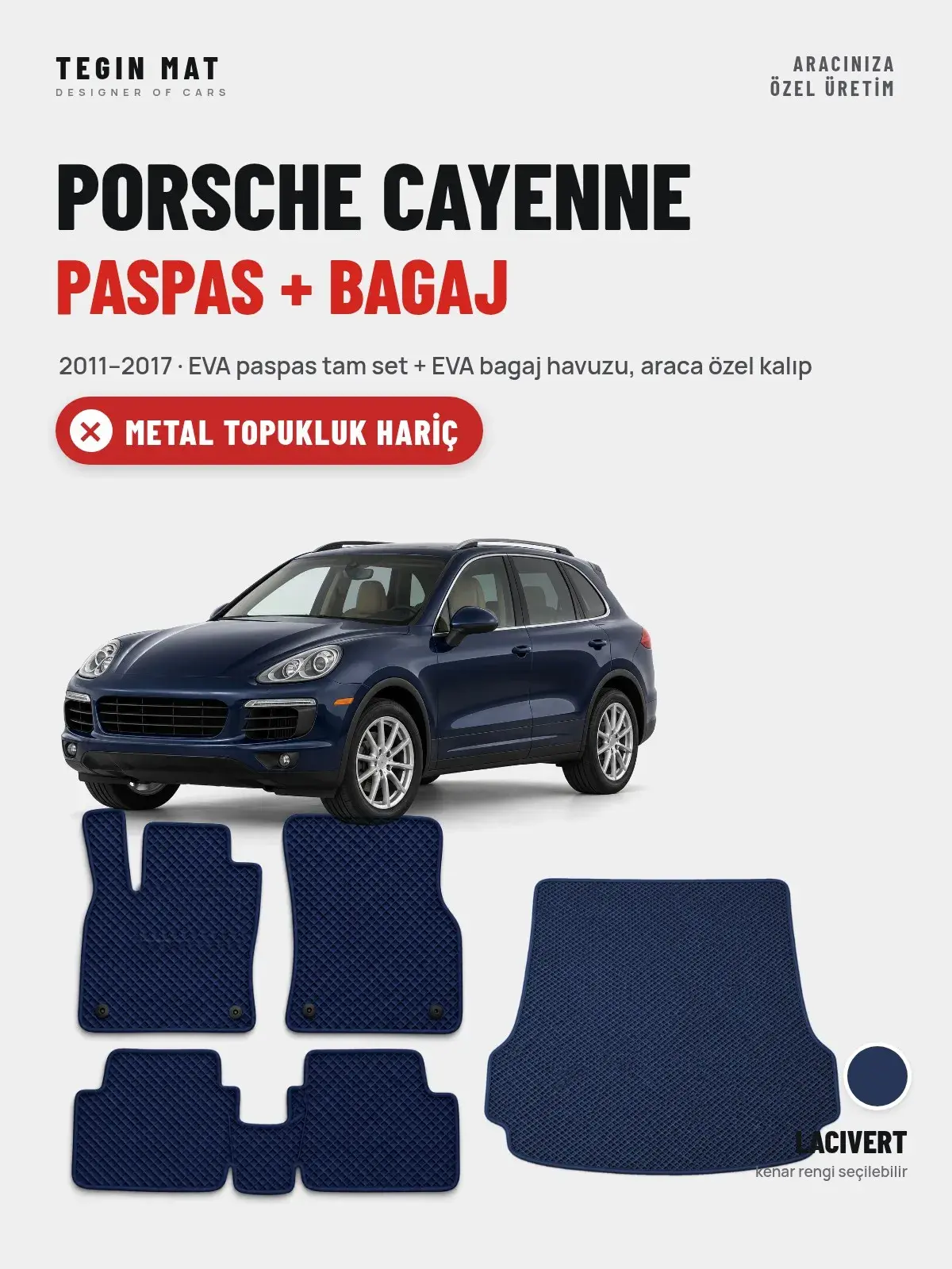 Porsche Cayenne EVA Paspas + Bagaj Havuzu Seti (2011–2017) Lacivert – Metal Topukluk Hariç (1)