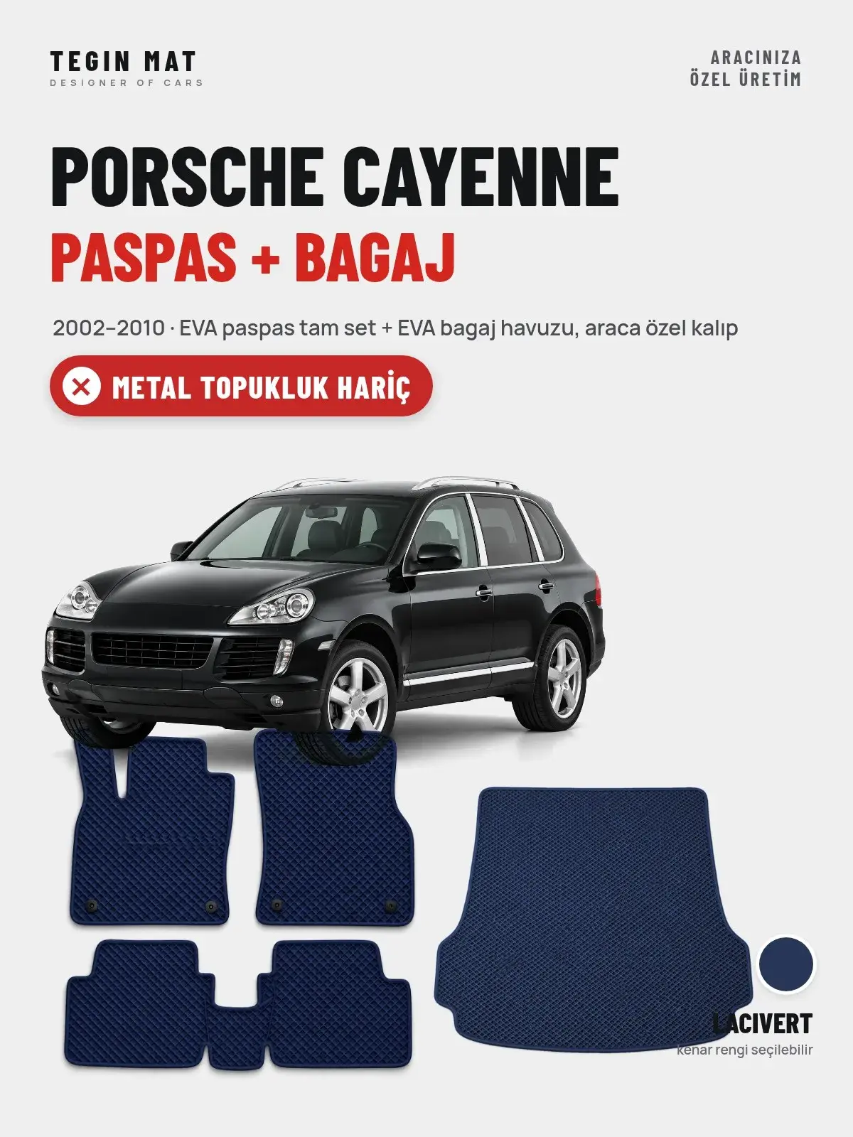 Porsche Cayenne EVA Paspas + Bagaj Havuzu Seti (2002–2010) Lacivert – Metal Topukluk Hariç (1)
