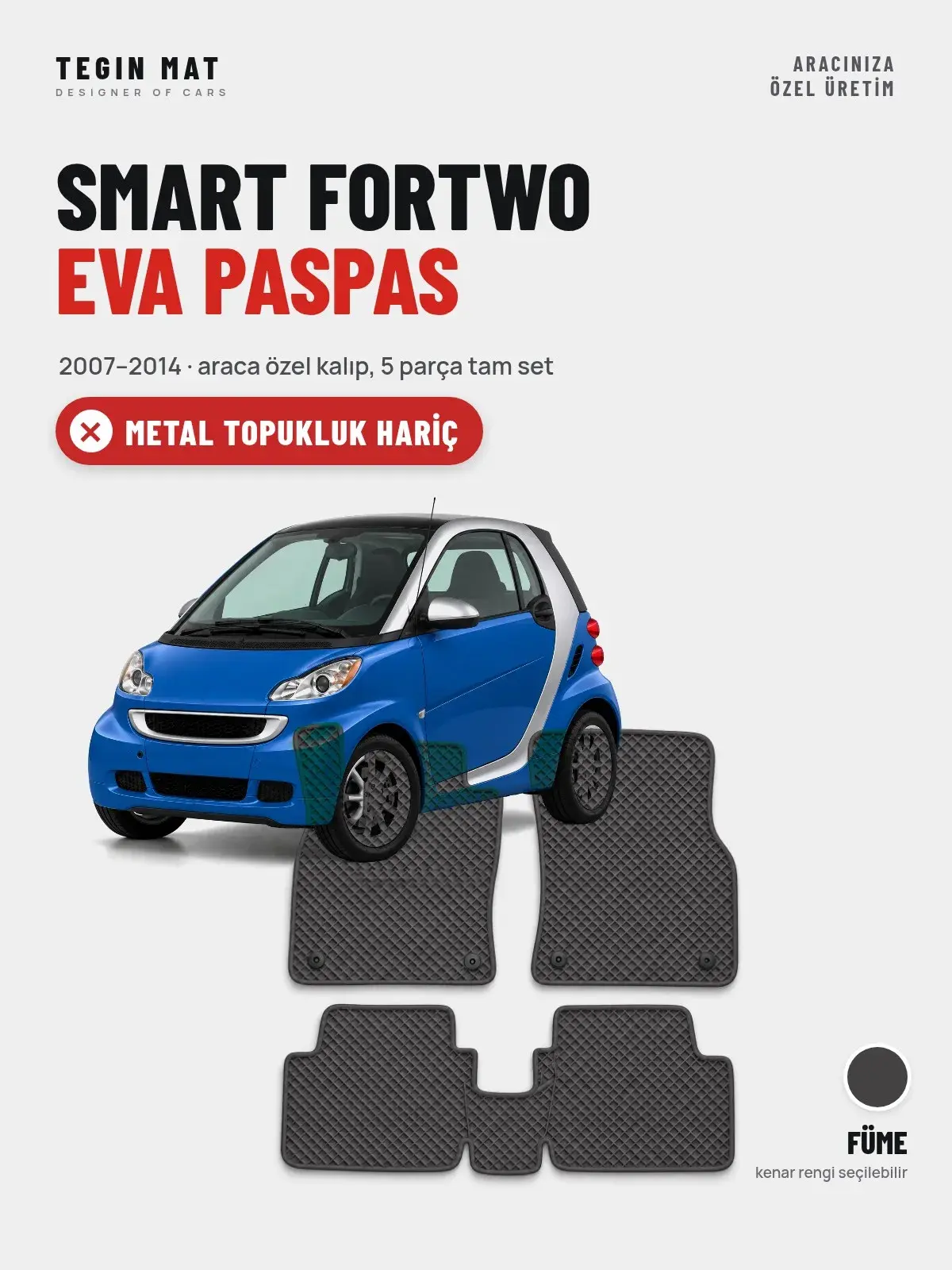 Smart Fortwo EVA Oto Paspas Tam Set (2007–2014) Füme – Metal Topukluk Hariç (1)