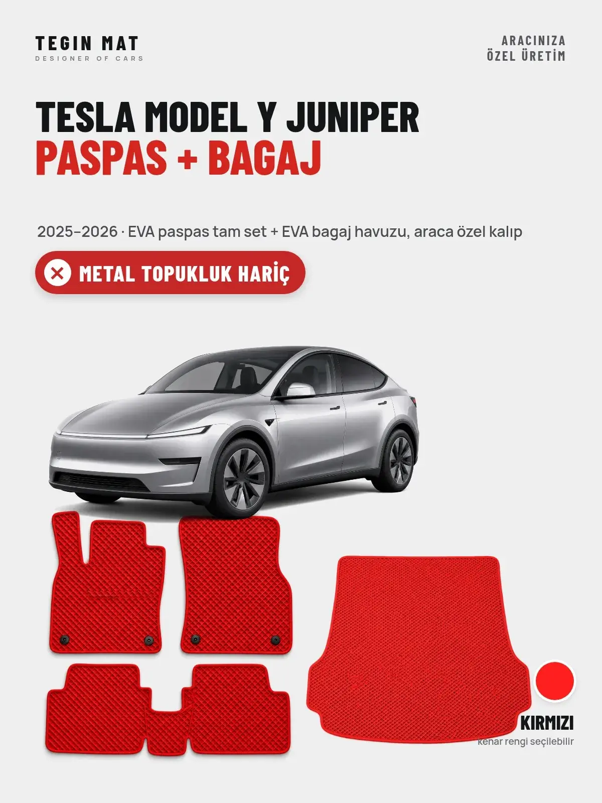 Tesla Model Y Juniper EVA Paspas + Bagaj Havuzu Seti (2025–2026) Kırmızı – Metal Topukluk Hariç (1)